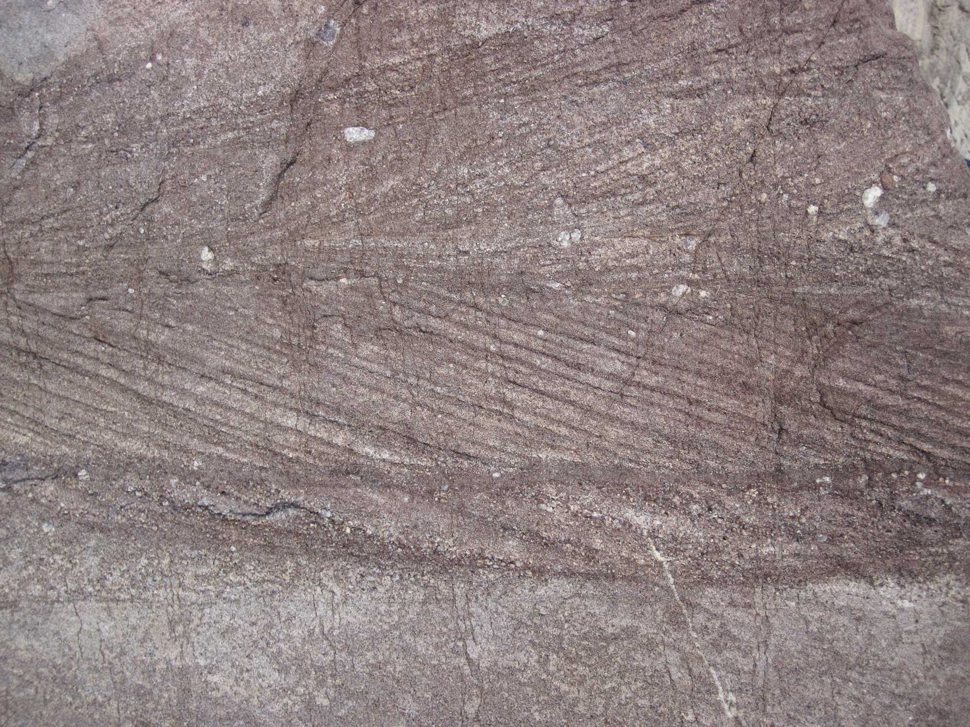 Close-up photograph of Baraboo Quartzite from Devil's Lake, Wisconsin. The photo shows a pinkish rock with cross-bedding.