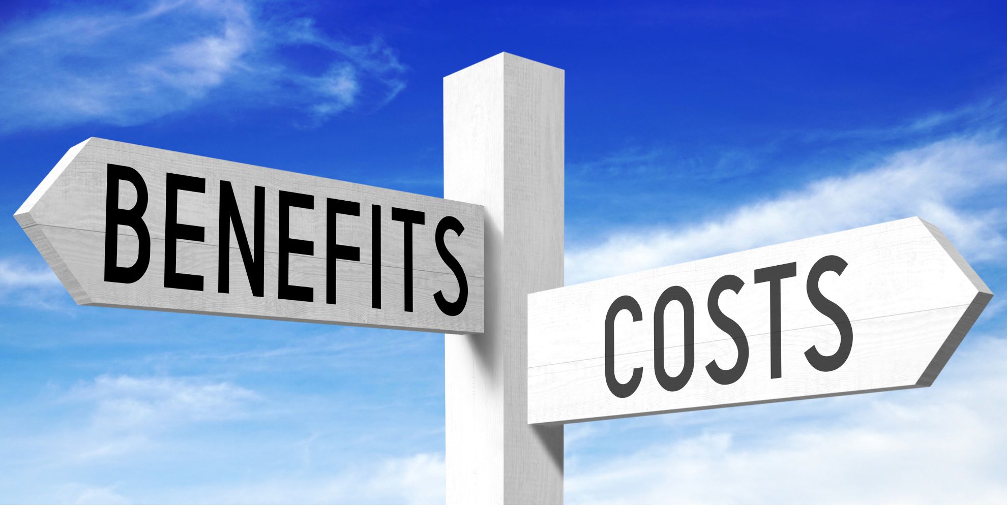Image of a signpost with one sign that says "Benefits" pointing in one direction, and another that says "Costs" pointing in another direction