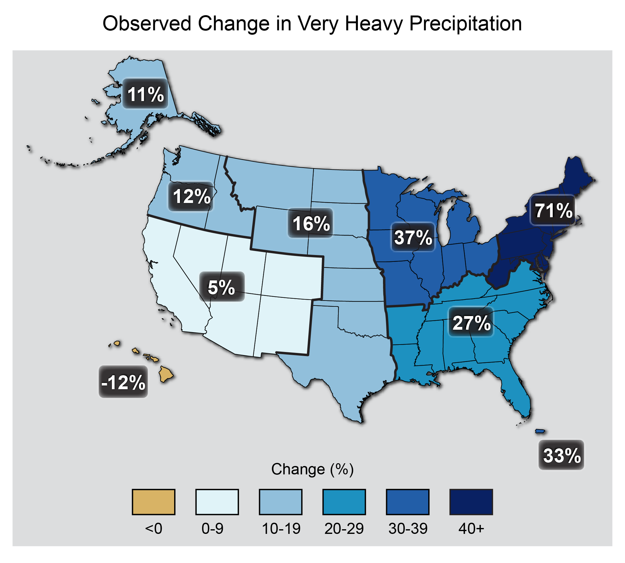 Map of the U.S. showing regions where heavy precipitation has increased since the mid-20th century