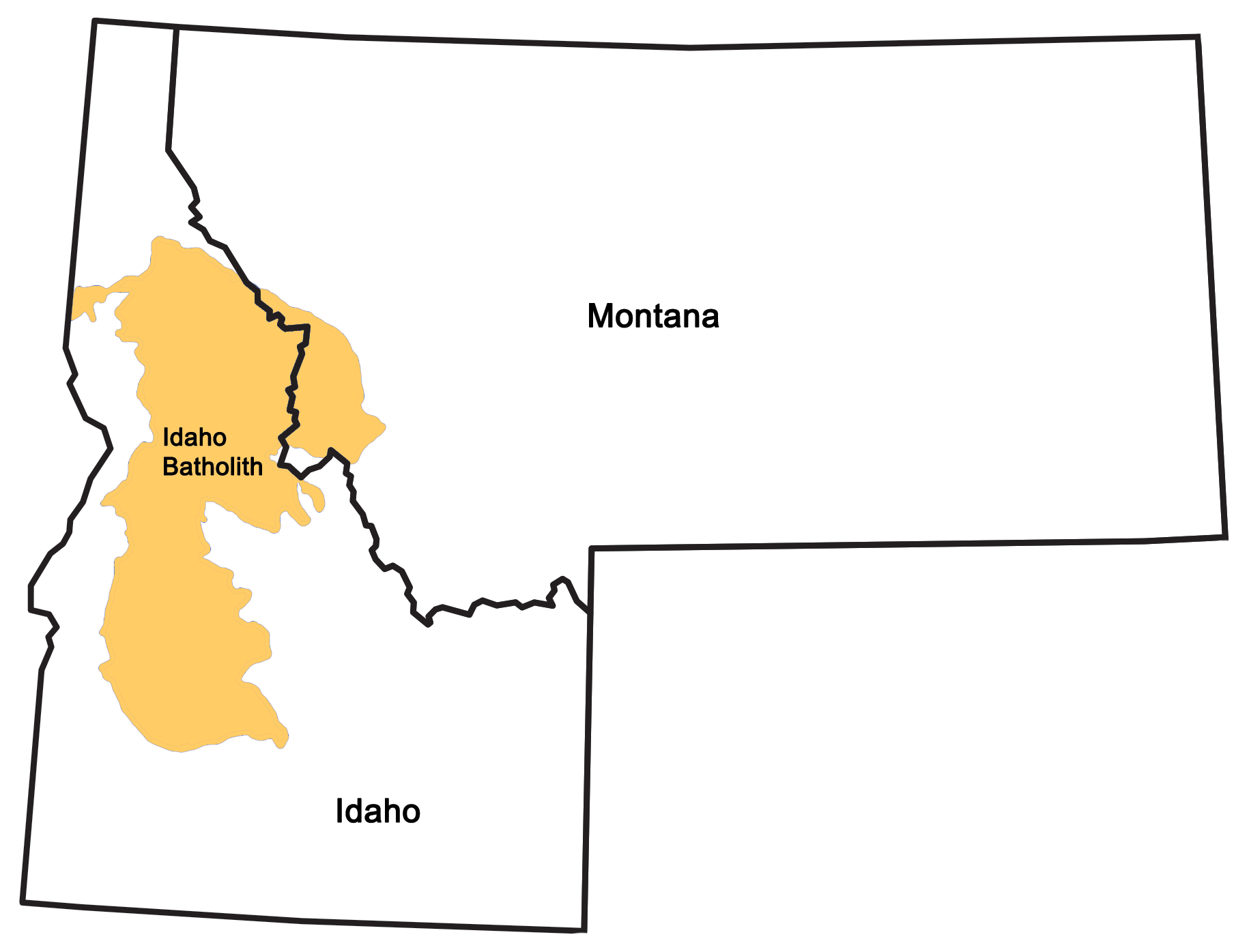 Simple map showing the location of the Idaho Batholith in Idaho and western Montana.