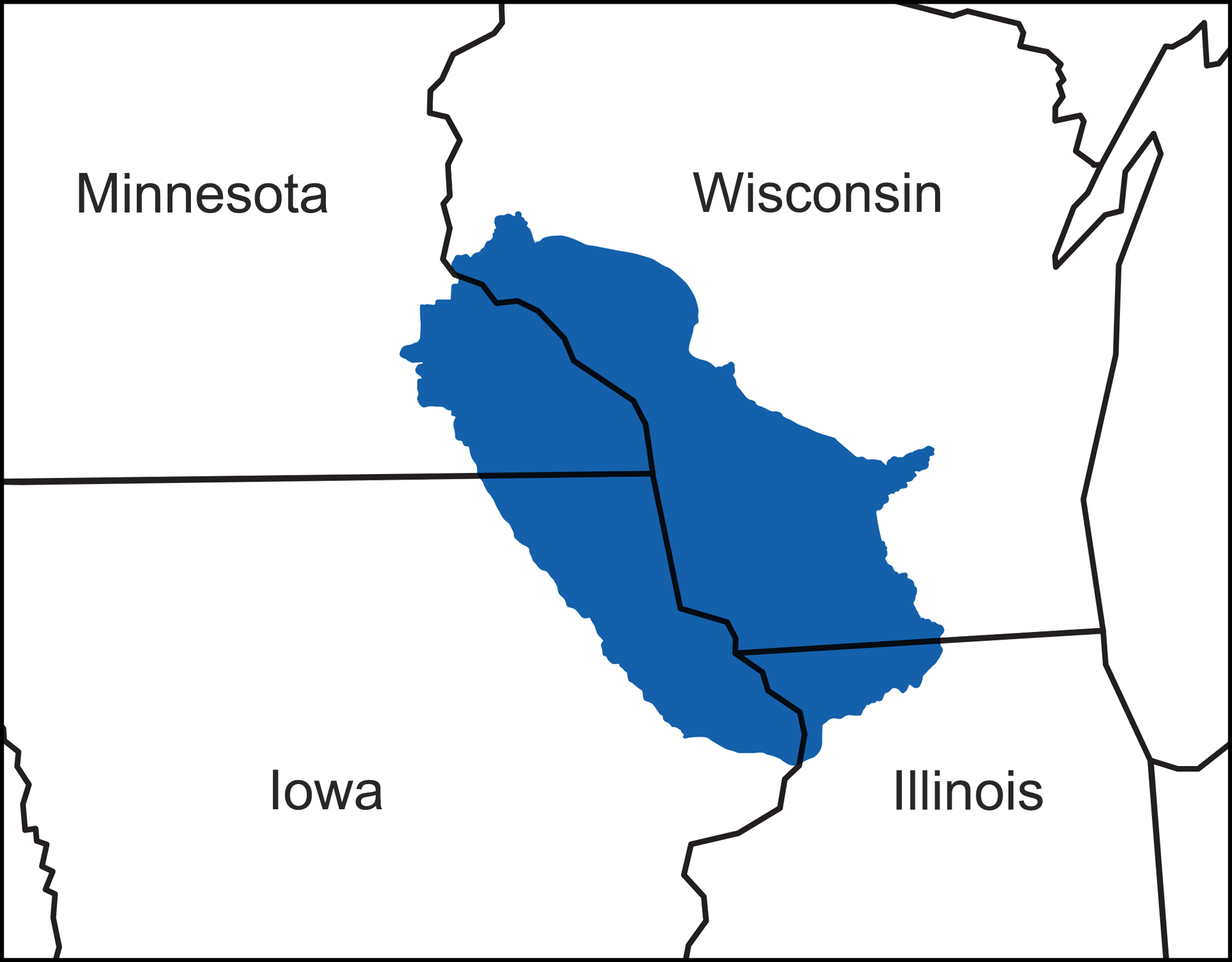 Map showing portions of Minnesota, Wisconsin, Iowa, and Illinois where the states come together. State borders are outlined in black. The Driftless Area is shaded dark blue. It covers west-central and southwestern Wisconsin, southeastern Minnesota, northeastern to north-central Iowa, and northwestern Illinois. 