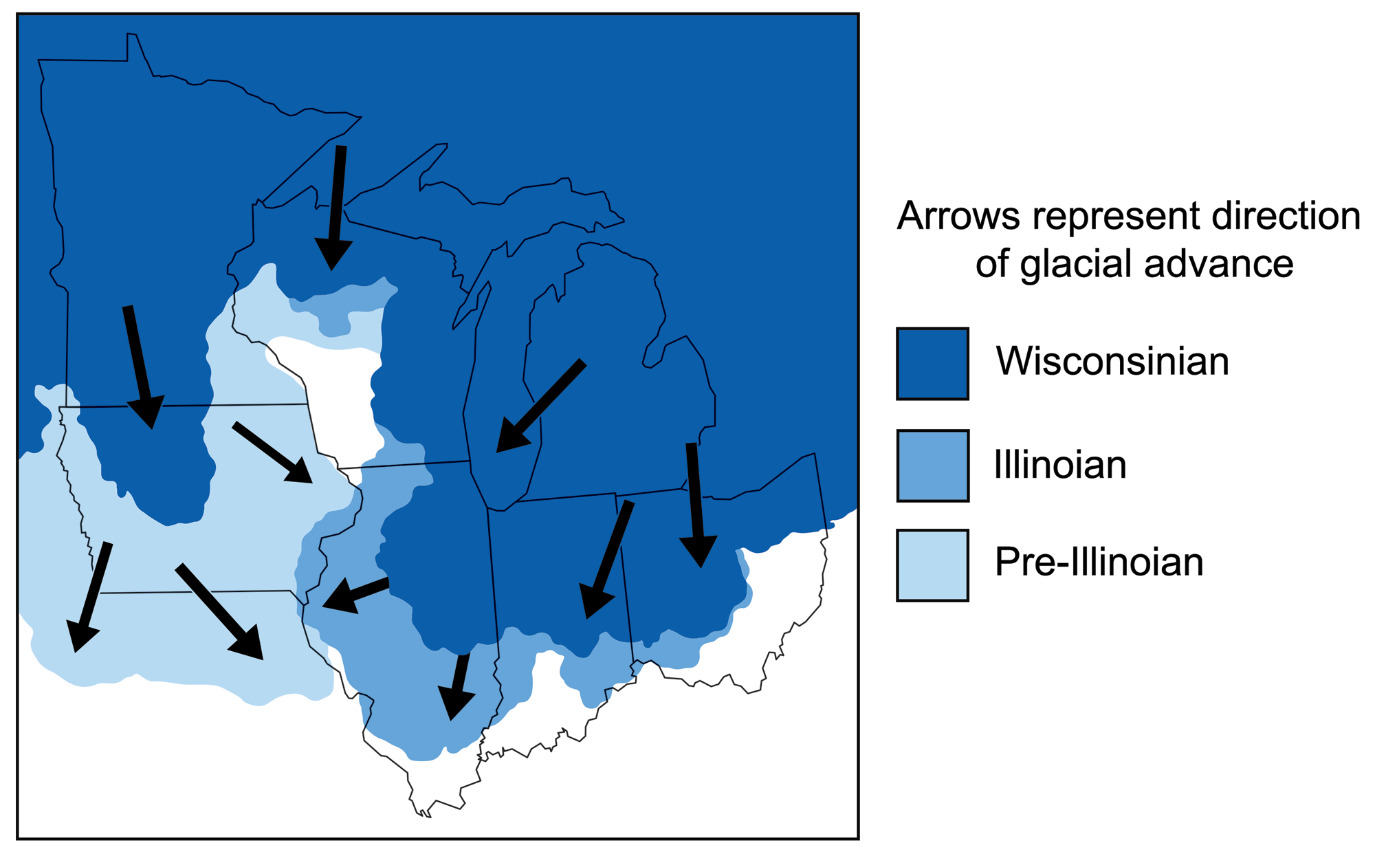 Map showing Pleistocene glaciations in the Midwest. The map shows the midwestern states with their borders outlined in black. Three phases of glaciation are various shades of blue, from pre-Illinoian (light blue) to Illinoian (medium blue) to Wisconsinian (dark blue). The pre-Illinoian gets into Iowa and areas to the south and west of Iowa. The Illinoian covers much of Illinois, part of southern Indiana, and a little of Ohio and Wisconsin. The Wisconsinian, which is the most recent, covers much of Minnesota, part of north-western Iowa, northern and eastern Wisconsin, northeastern Illinois, all of Michigan, northern Indiana, and northern Ohio.