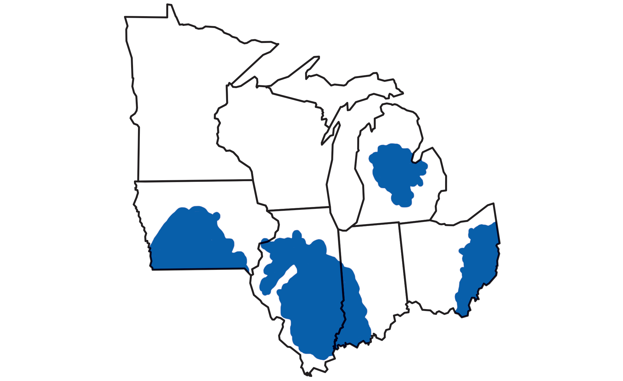 Map of the midwestern United States with state borders outlined in black. Coal deposits are shaded blue. Deposits are found in southern Iowa, much of Illinois, southwestern Indiana, the Lower Peninsula of Michigan, and eastern Ohio.