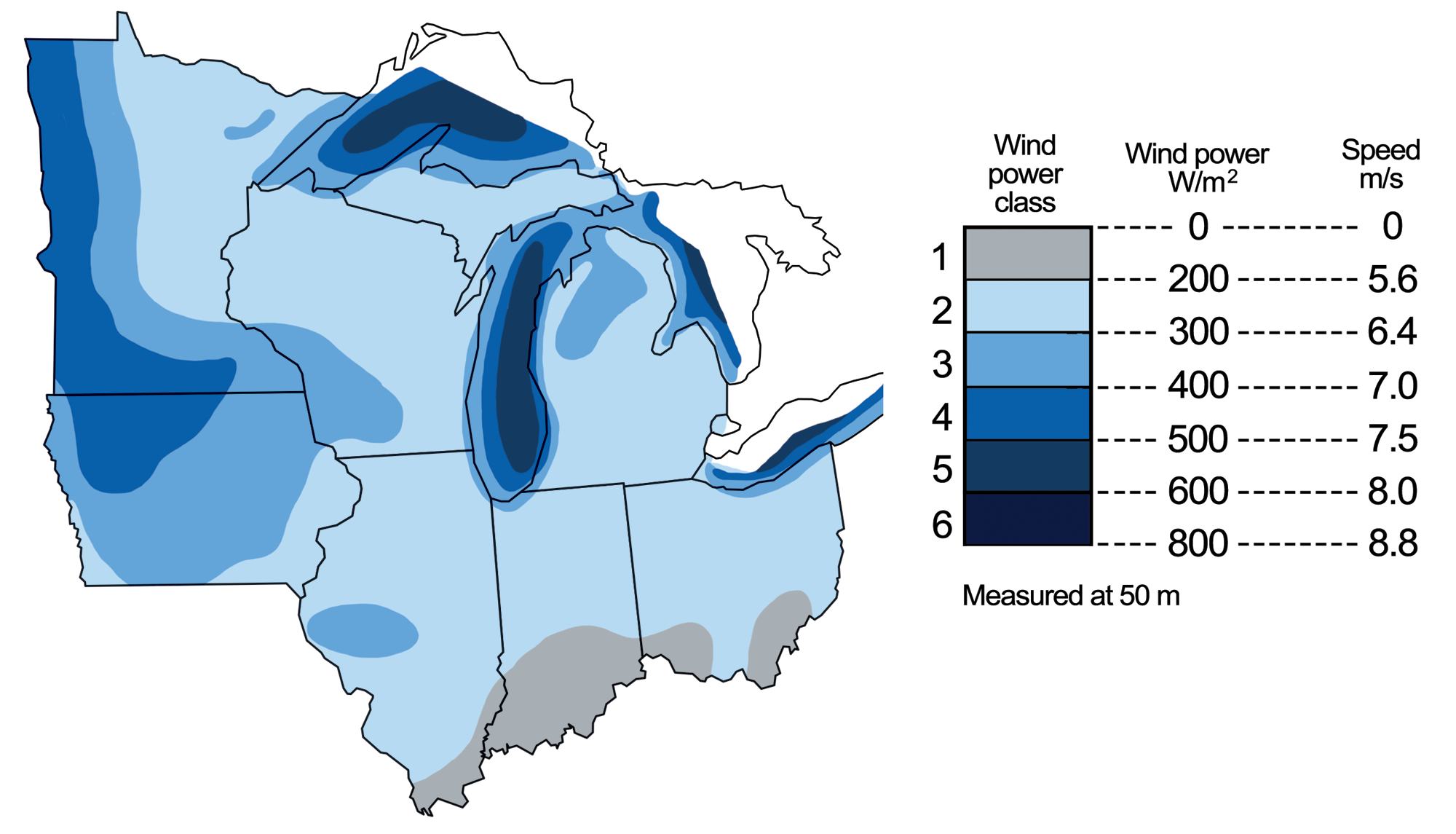 Map of the midwestern United States with state borders outlined in black. Wind energy potential is indicated by blue and gray shading. The darkest blue indicates the greatest potential, whereas the gray indicates the least potential. Areas with the most potential are in the Great Lakes. On land, the greatest potential is in western Minnesota and northwestern to north-central Iowa, although these areas have less wind energy potential than the Great Lakes. Southern Illinois, Indiana, and Ohio are particularly energy poor.