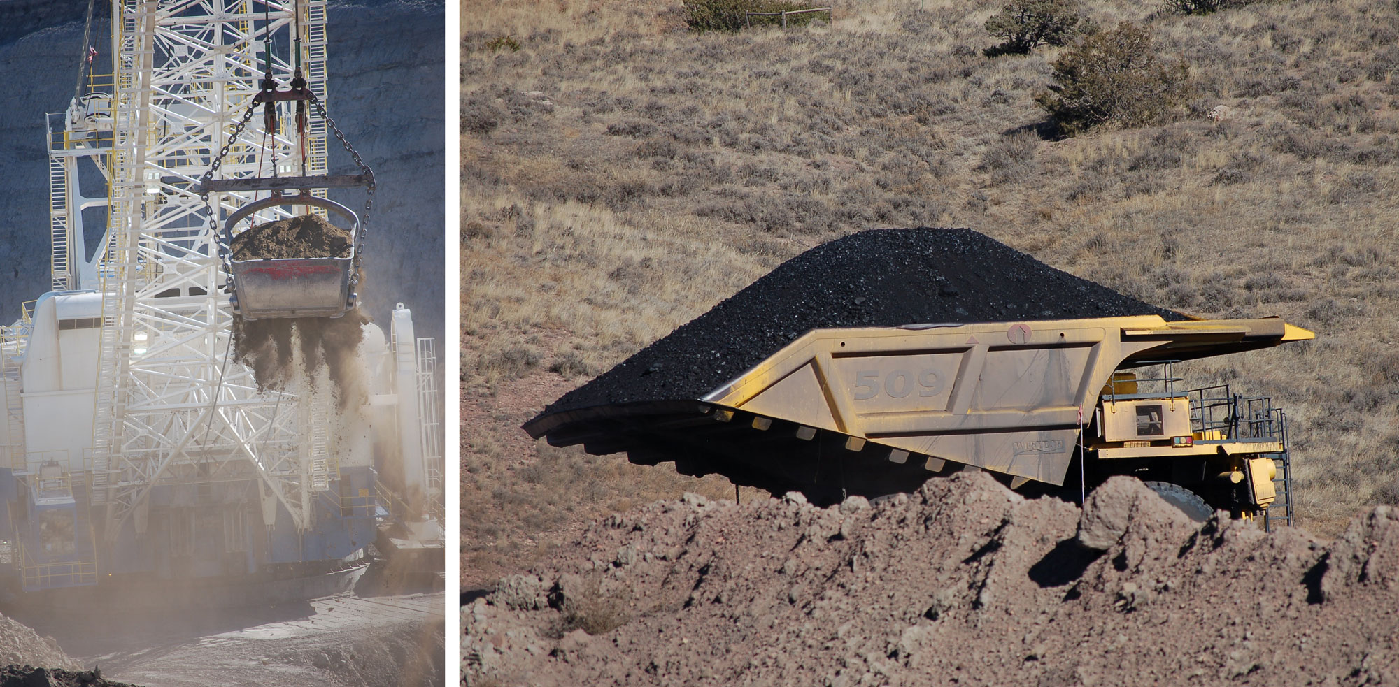 2-panel image showing machinery in the Spring Creek Mine, Montana. Panel 1: Photograph of a dragline excavator scooping up rock. The excavator is painted white. Panel 2: Photograph of a large yellow truck with a bed full of coal.