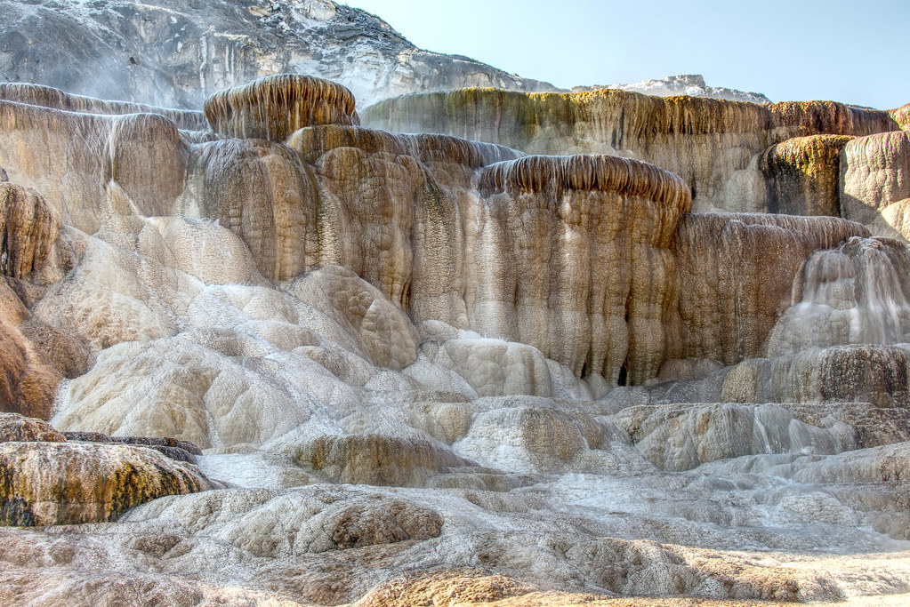 Photograph of travertine terraces at Mammoth Hot Springs in Yellowstone National Park.