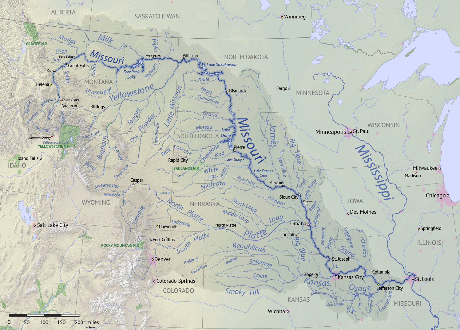 Map showing the Missouri River watershed in the northwest central United States.
