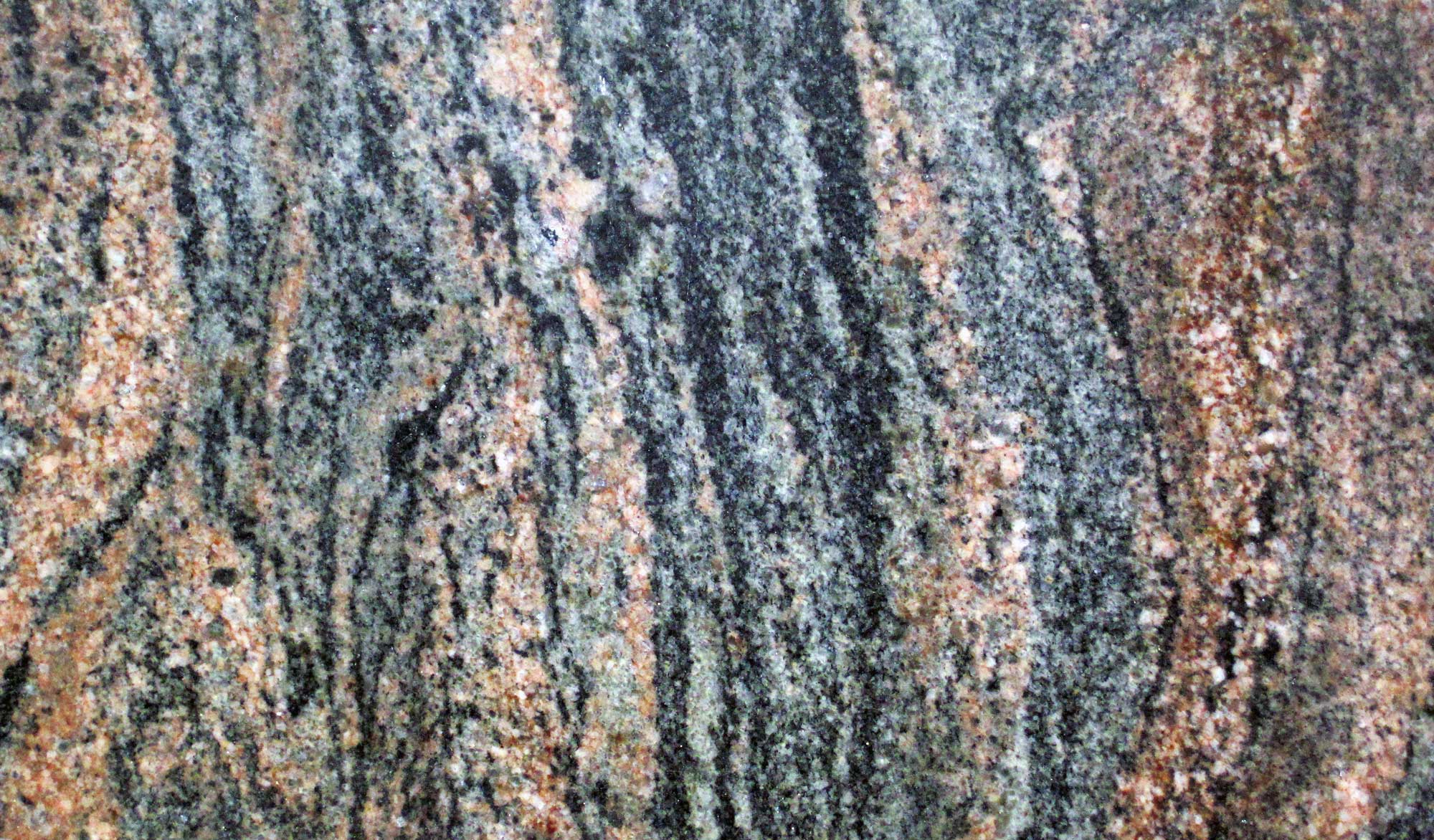 Close-up photograph of Archean Morton Gneiss from Morton, Minnesota. The photo shows a rock with irregular vertical bands of alternating pink and gray rock.