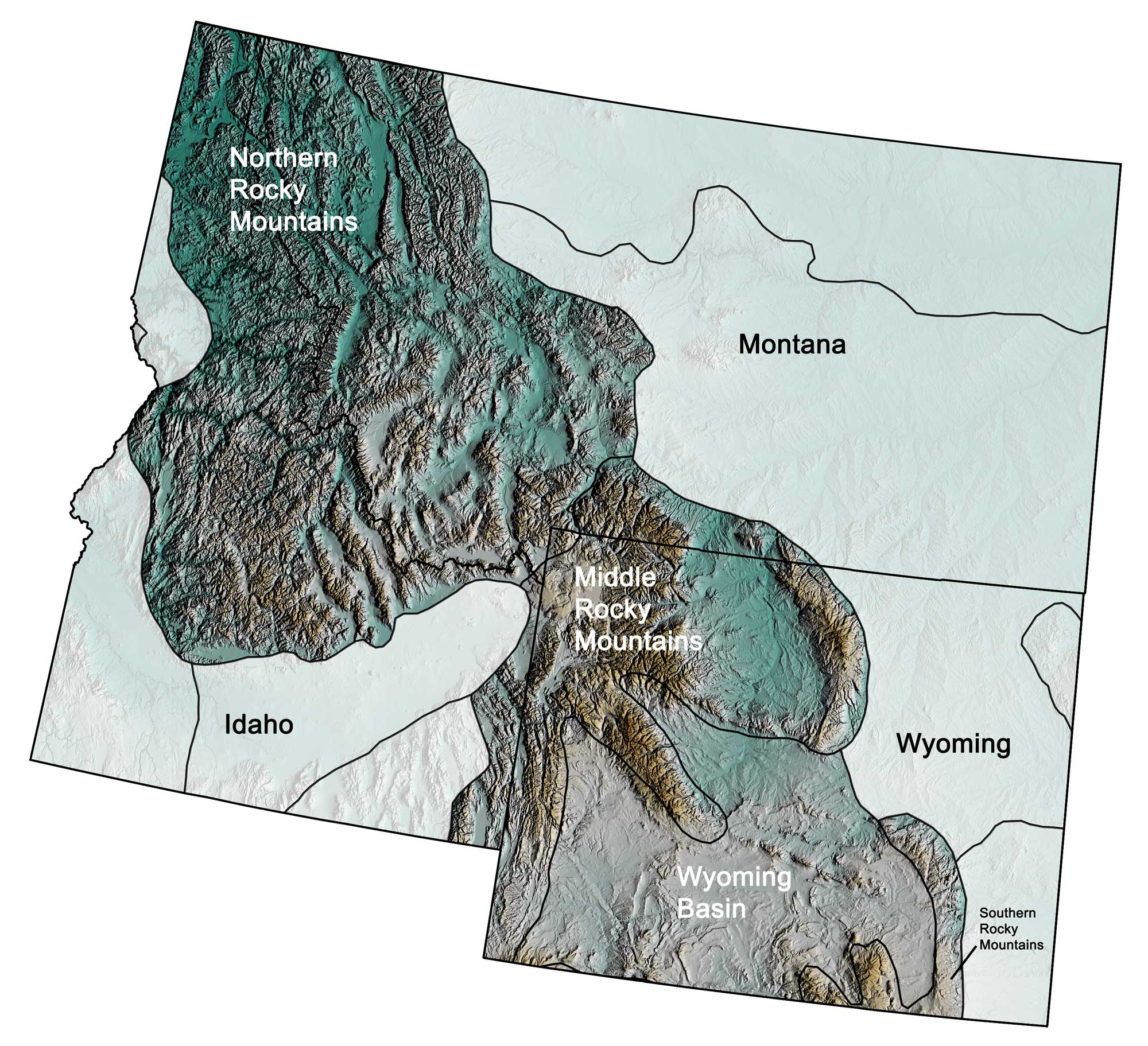 Topographic map of the Rocky Mountains region of the northwest-central United States.