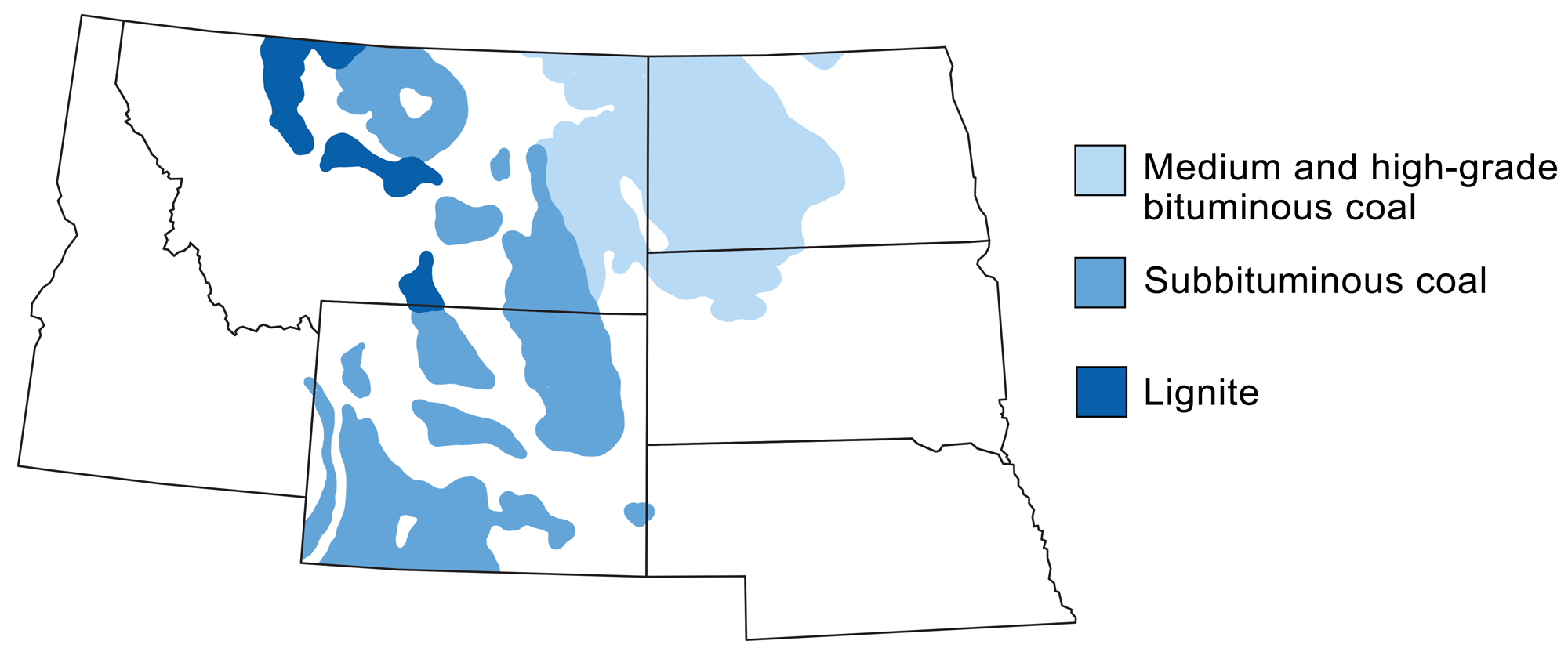 Map of the northwest-central region with state boundaries outlined in black. Major coal deposits are indicated by shades of blue. Bituminous coal (light blue) is found in eastern Montana and the western Dakotas. Lignite (dark blue) is found in north-central to south-central Montana. Subbitumious coal (medium blue) is found in Montana, Wyoming, and a very small part of western Nebraska.