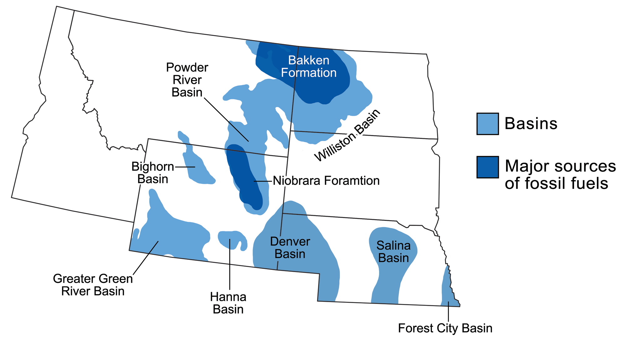 Map of the northwest-central region with state boundaries outlined in black. Major sedimentary basins are shaded medium blue, and major sources of fossil fuels are shaded dark blue. The Williston Basin mainly in western North Dakota and eastern Montana has the Bakken Formation, and the Powder River Basin in eastern Montana and Wyoming contains the Niobrara Formation. Other basins include the Bighorn Basin (Montana, Wyoming), the Greater Green River Basin (southwestern Wyoming), the Hanna Basin (south-central Wyoming), the Denver Basin (Wyoming-Nebraska-South Dakota border region), Salina Basin (central Nebraska), and the Forest City Basin (southeastern Nebraska).