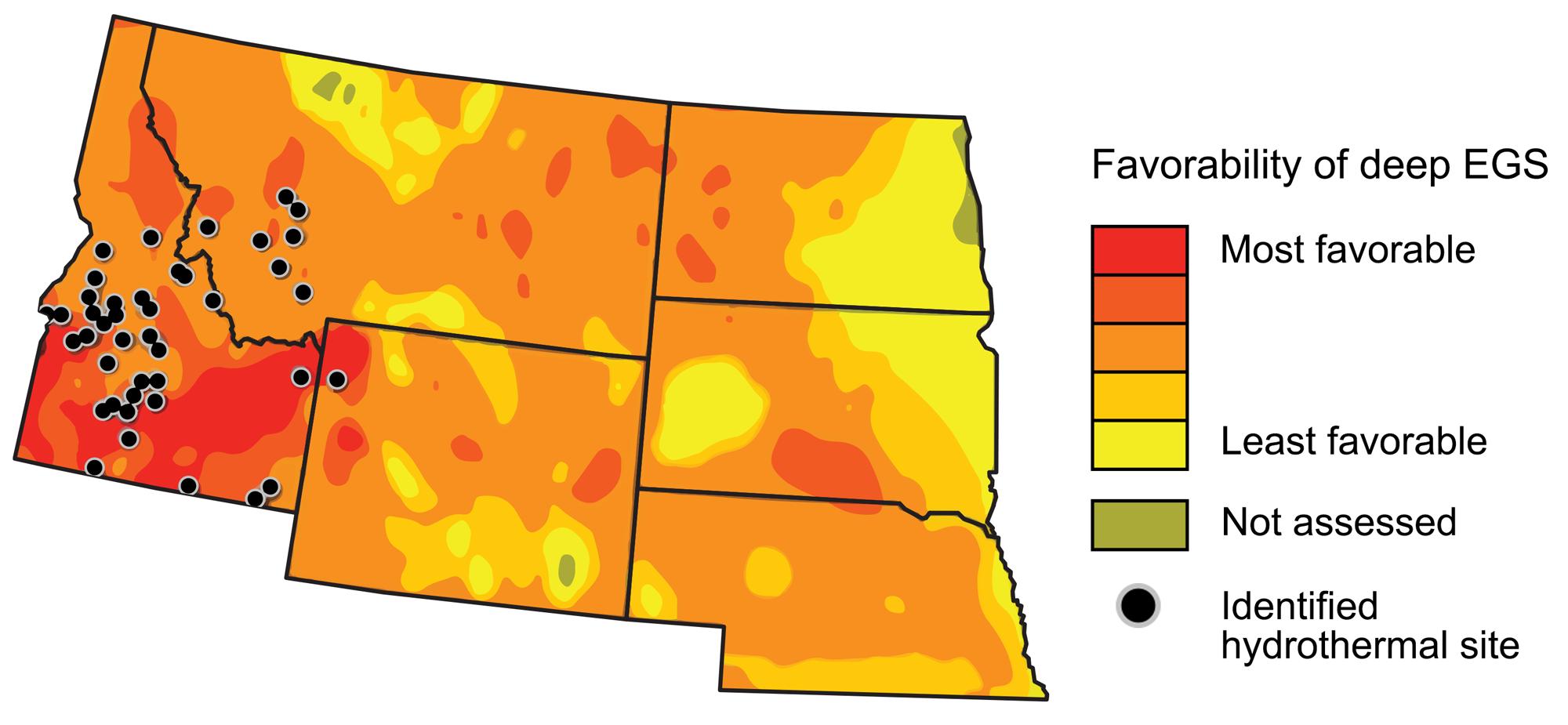 Map of the northwest-central region with state boundaries outlined in black. The geothermal energy potential of the area is indicated by shading, ranging from yellow (least favorable) to red (most favorable). Black dots indicate identified geothermal sites. Idaho and western Wyoming are the most favorable for geothermal development, and most hydrothermal sites are in Idaho, with some additional sites in western Montana and Wyoming.