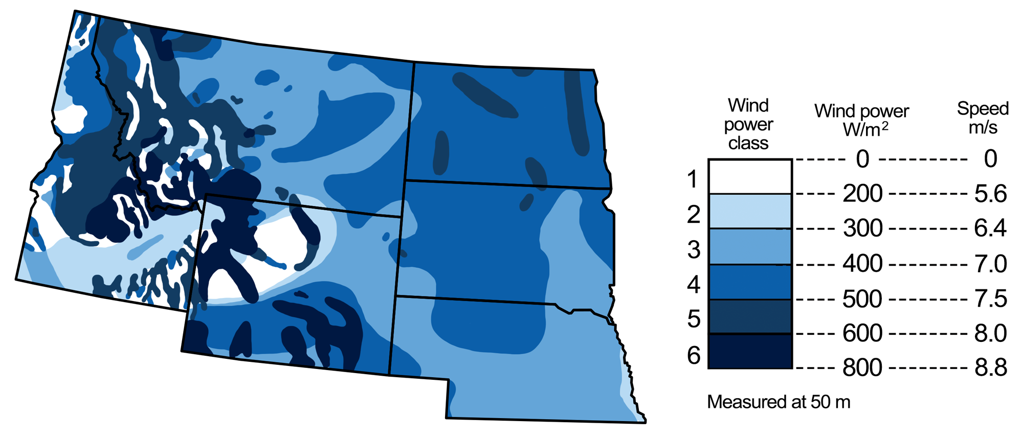 Map of the northwest-central region with state boundaries outlined in black and wind energy potential indicated by shades of blue, with white to light blue areas having the lowest potential and dark blue areas having the highest potential. The Great Plains and Central Lowland regions generally have medium to high potential. The highest-potential areas are in parts of the Rocky Mountains, although the mountains also have regions of no potential.