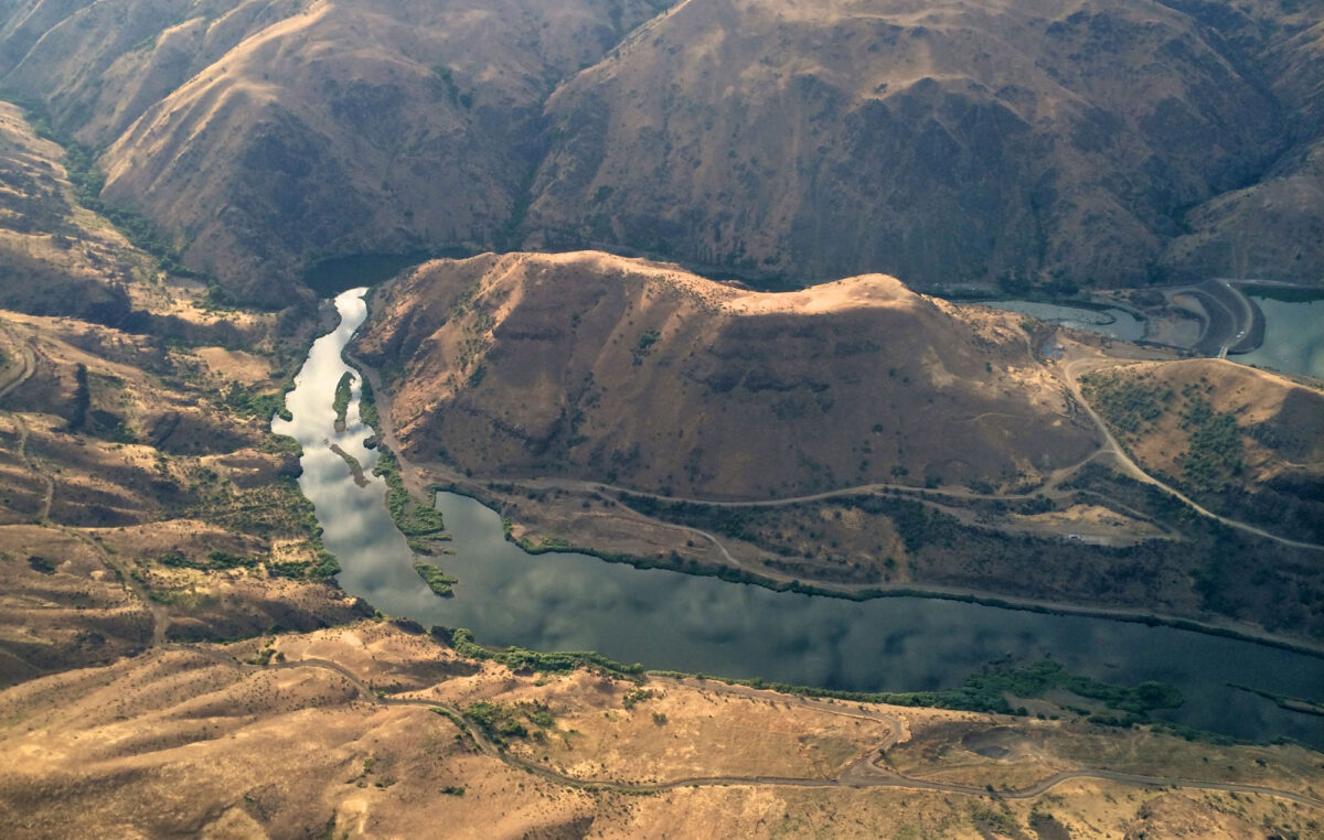 Aerial photograph of the Snake River at Oxbow Dam, Idaho-Oregon border. The photo shows a hilly landscape covered with yellow vegetation. The Snake River forms a hairpin turn, going from the center-right of the image, preceding to the left where it double back on itself, and ending a lower right. The Oxbow dam spans the river in the center right of the image.
