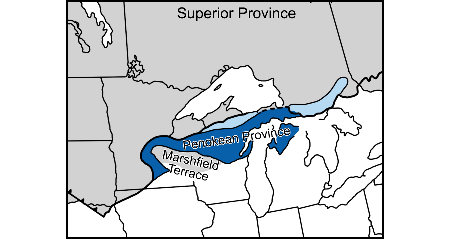 Map of Precambrian provinces and terranes in the midwestern region. The map shows part of the Midwest and southern Canada with the borders of states and provinces outlined in black. The Superior Province is shaded gray. It extends across the north of the map, including southern Saskatchewan, Manitoba, and Quebec and a little of Ontario, as well as the eastern Dakotas, most of Minnesota, and northern Wisconsin, and part of the Upper Peninsula of Michigan. The Penokean Province is shaded blue and extends across part of central Minnesota, northern Wisconsin, the eastern Upper Peninsula of Michigan, and the northern tip fo the Lower Peninsula of Michigan. The Marshfield Terrace is located south of the Penokean Provicne in eastern Minnesota and western Wisconsin.