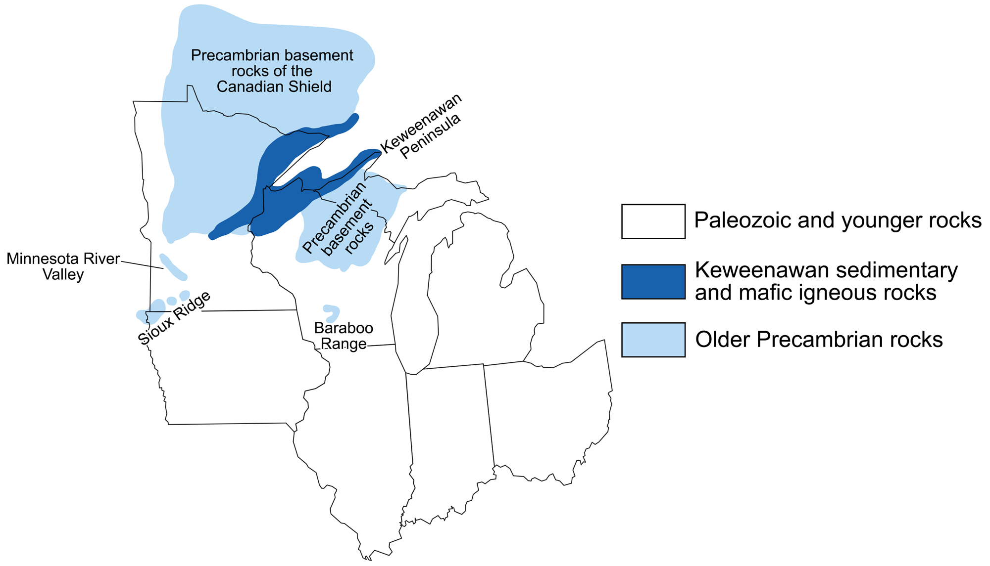 Map of Precambrian rocks in the midwestern region. The map shows the Midwestern states with the borders of states outlined in black. Most of the region is white, indicating Paleozoic and younger rocks. Keweenawan sedimentary and mafic igneous rocks are shaded dark blue and occur in northeastern Minnesota, northwestern Wisconsin, and the western Upper Peninsula of Michigan. Older Precambrian rocks and shaded light blue and occur in northern Minnesota, Northern Wisconsin, the western Upper Peninsula of Michigan. A few isolated outcrops also occur in the southwestern Minnesota and northwestern Iowa in the Minnesota River Valley and the Sioux Range, as well as in southwestern Wisconsin in the Baraboo Range.