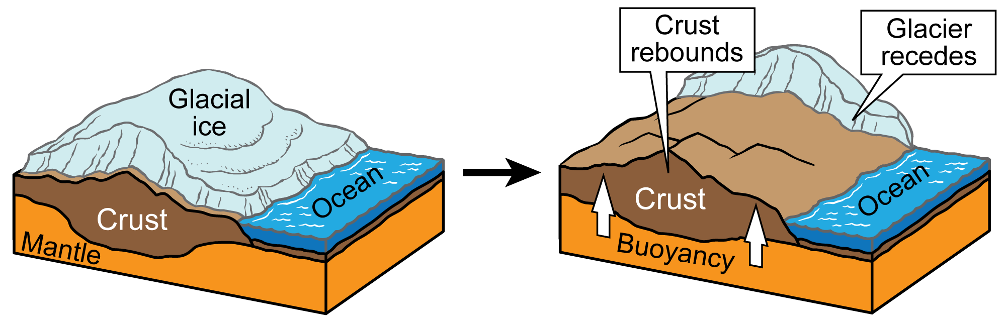 Diagram illustrating isostacy. The diagram consists of two figures. In figure one, glacial ice covers continental crust, causing the crust to sink into the mantle. In figure 2, the ice has retreated from the continental crust, and the crust rides higher in the mantle due to buoyancy.