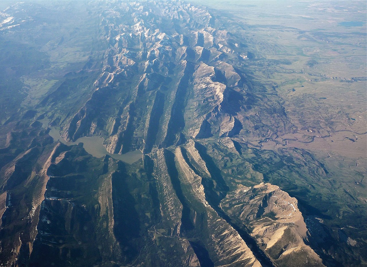 Aerial photograph of Madison Limestone exposed by thrust faulting along the Rocky Mountain Front in Montana.