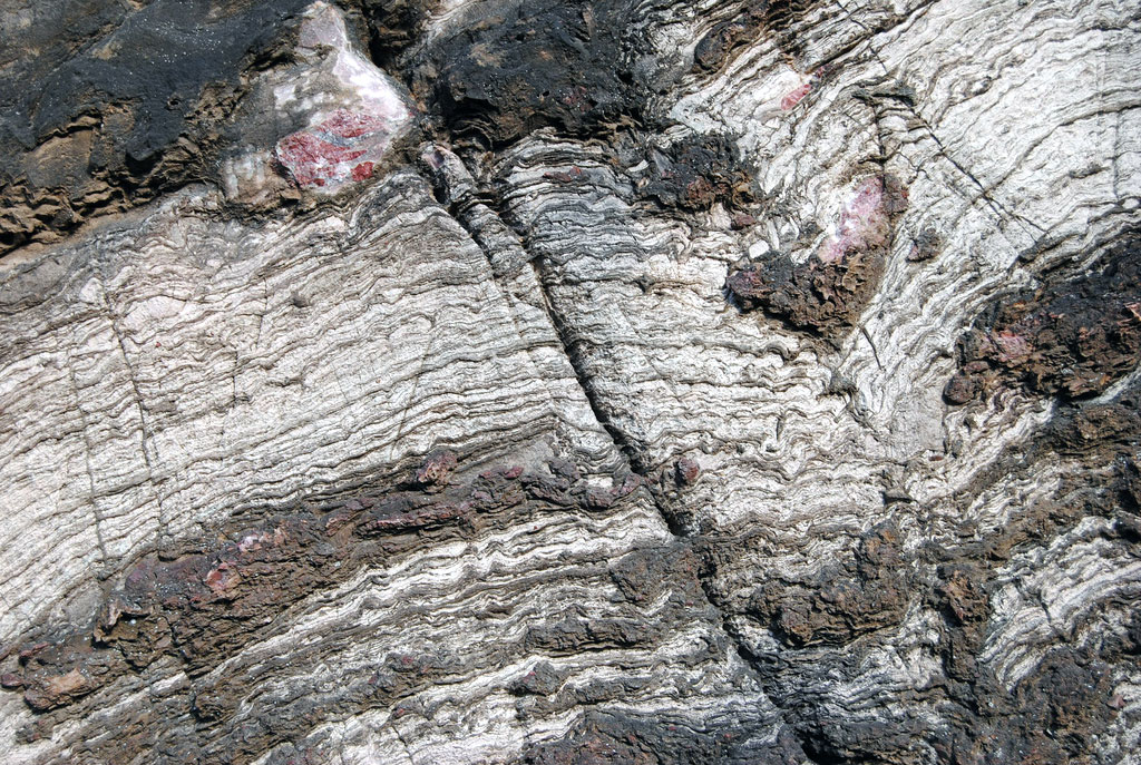 Photograph of a stromatolite from the Paleoproterozoic, Upper Peninsula, Michigan. The photo shows a white and gray rock with thin, slightly wavy layers in it. 