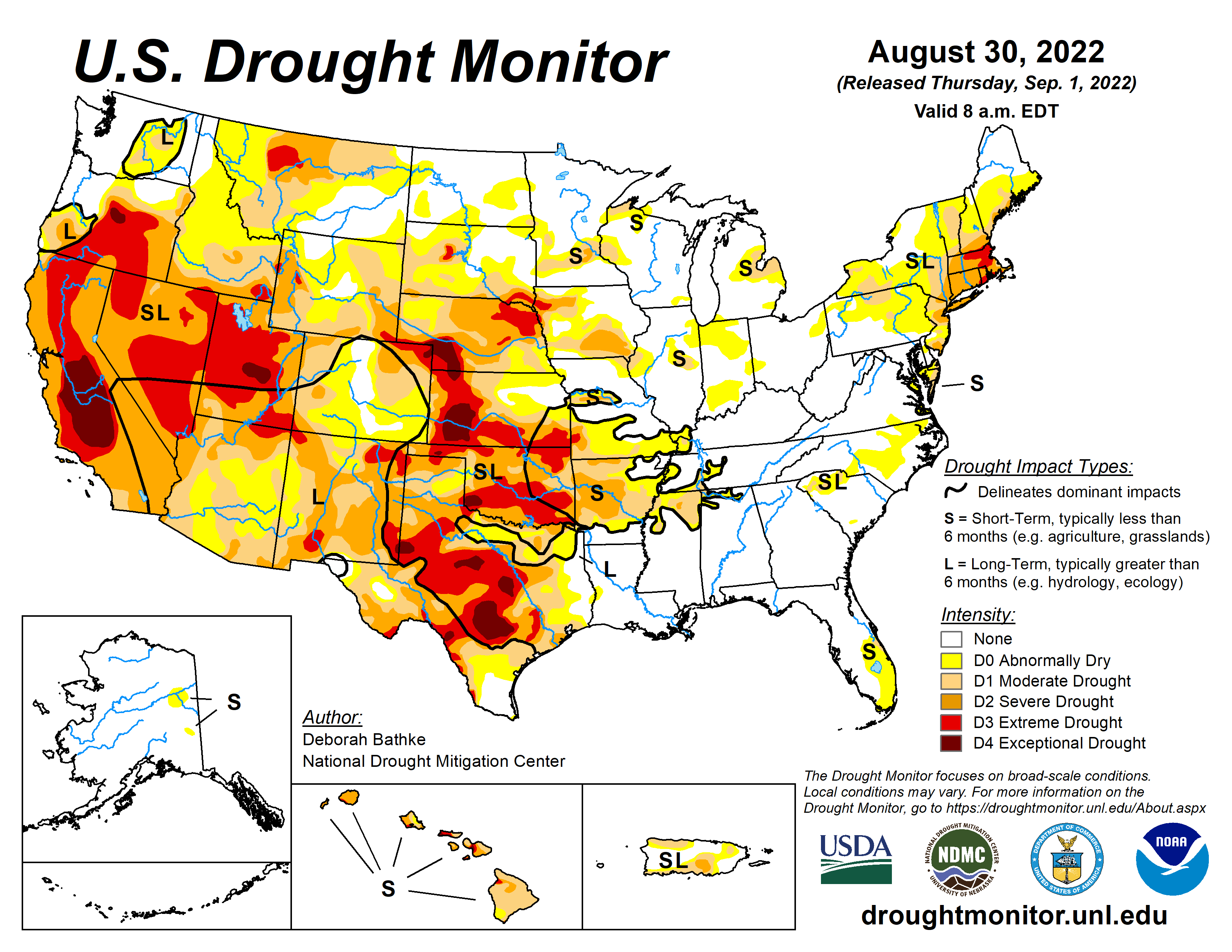 U.S. Drought Monitor map for August 30, 2022. The map is shaded from white (no drought) to yellow (abnormally dry) to various shades of orange and red, ending in deep red (exceptional drought). Much of the western U.S. is shaded in yellow or darker colors. 