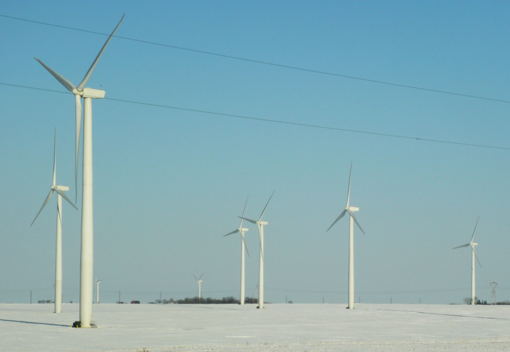 Photograph of wind turbines in a field in Minnesota. The photo shows white turbines scattered in a flat, snow-covered field. The turbines are shown from the side or obliquely. 