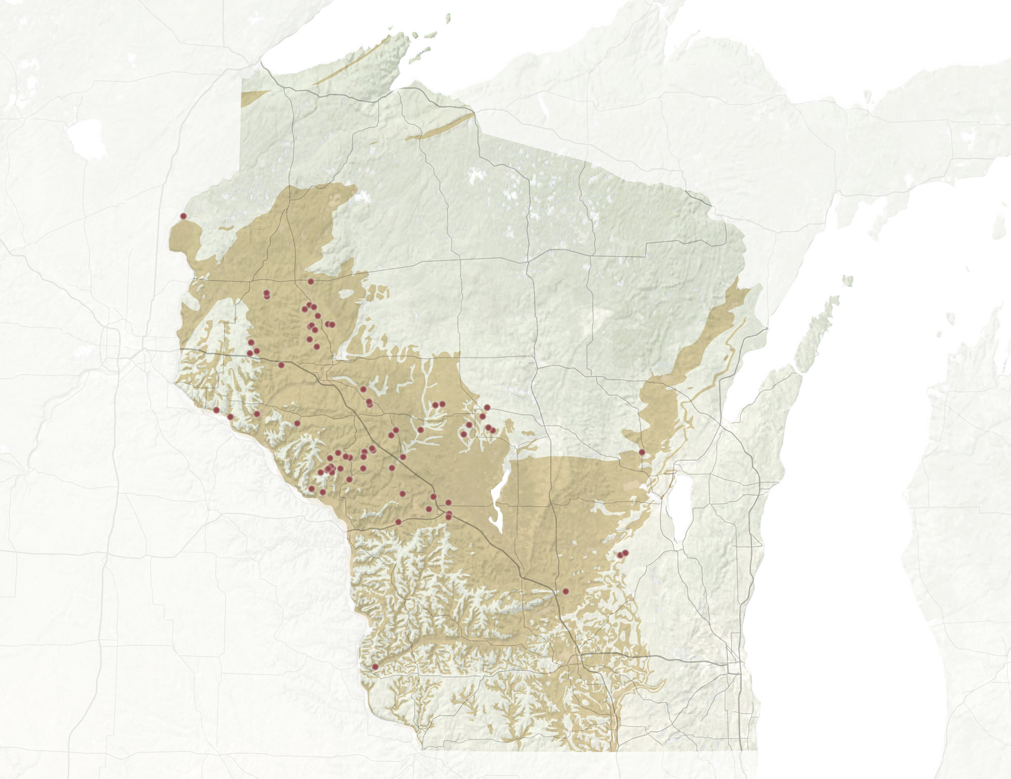 Relief map of Wisconsin showing the location of sand deposits, which are shaded beige, and sand mines, represented by red dots. Sand deposits occur in western Wisconsin, with a thin band projecting west of the Bay of Green Bay in the eastern part of the state. Most sand mines are located in west-central Wisconsin.