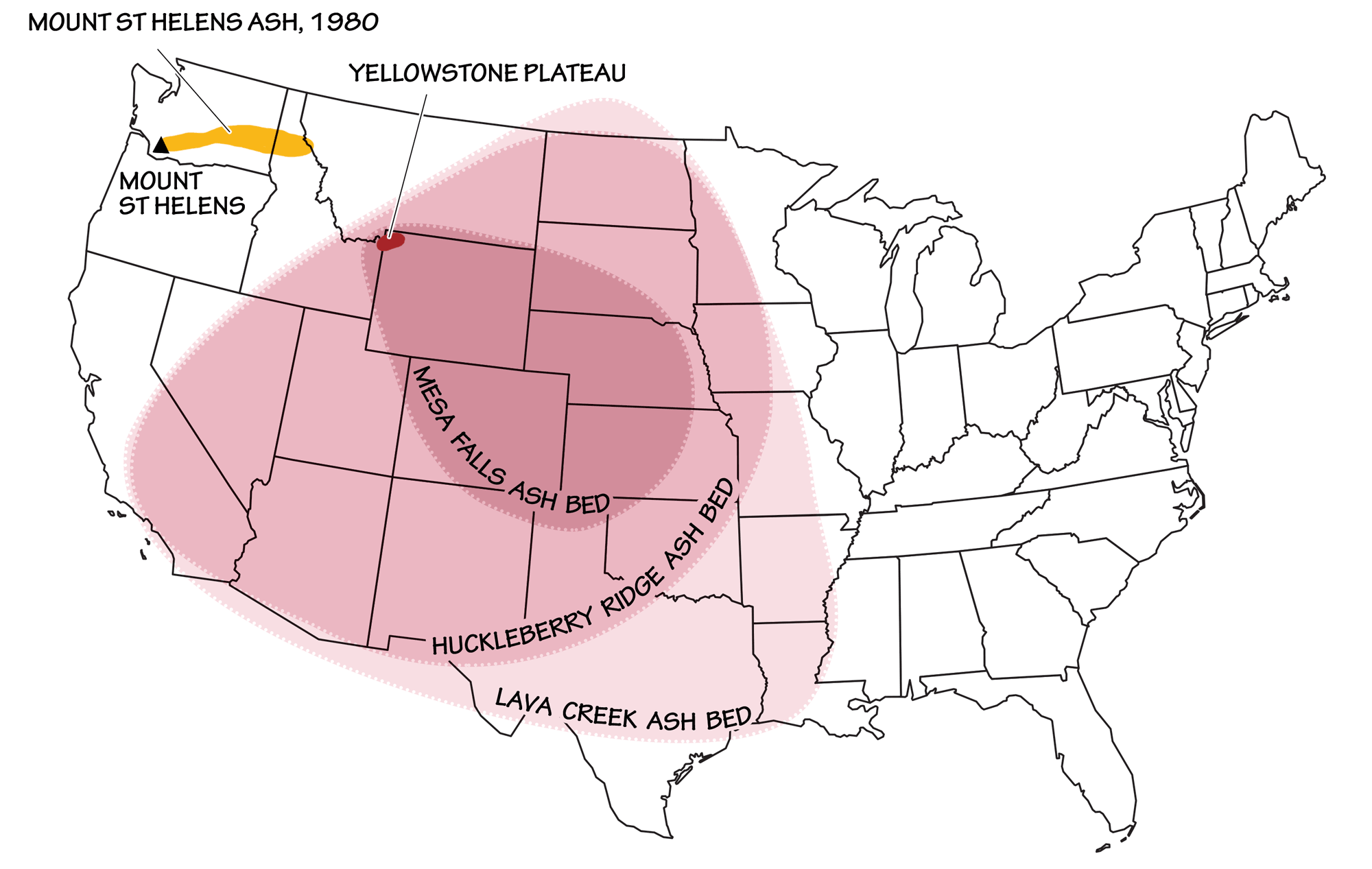 Map showing the extent of ashfalls from Yellowstone supervolcano eruptions.