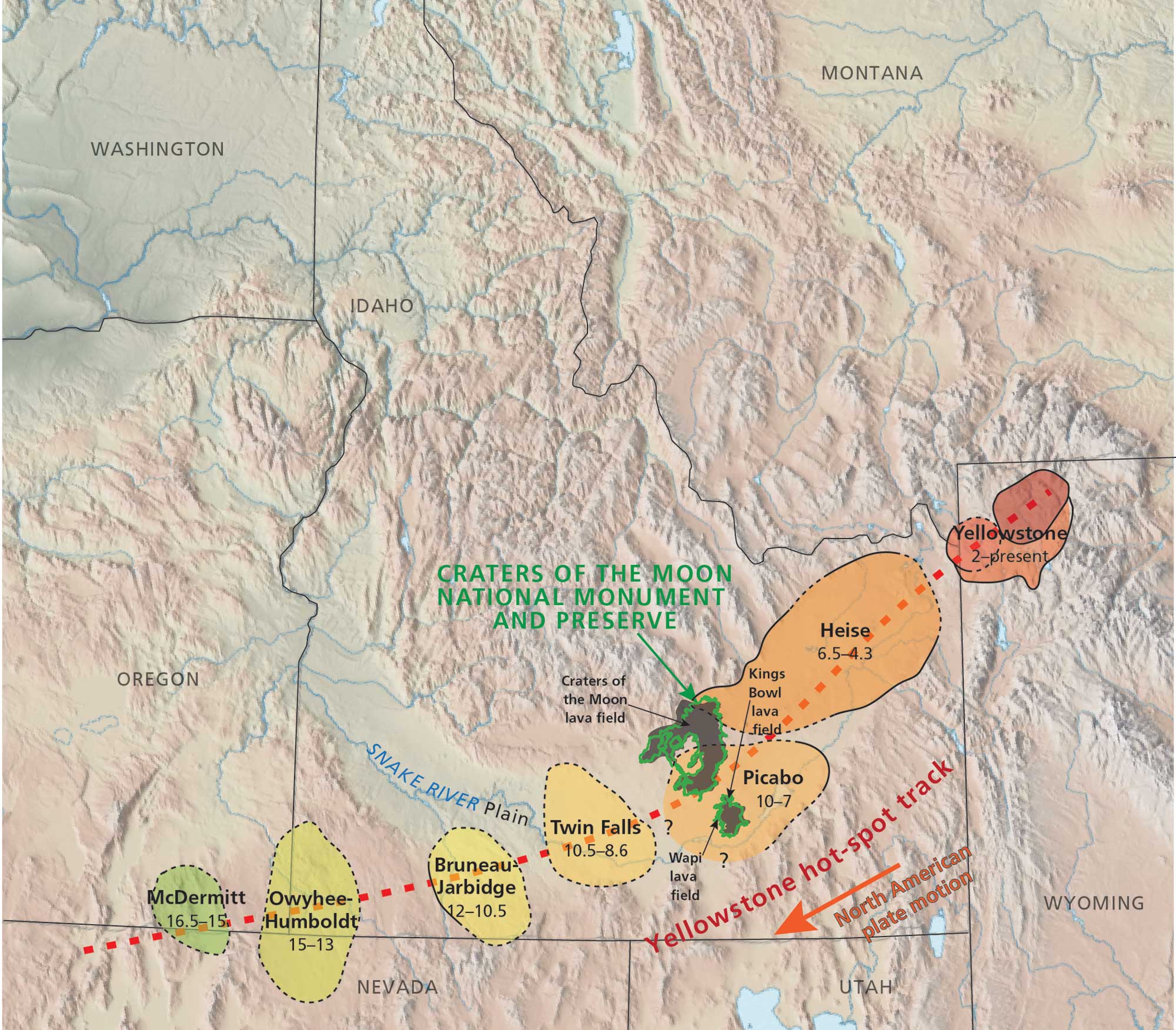 Relief map of Idaho and surrounding region shaded to show the track fo the Yellowstone Hot Spot from 16.5 million years to the present. At about 16.5 million years ago, the hotspot was on the southeastern Oregon-northern Nevada border. Over time, it has moved to the northeast because the North American continent is drifting toward the southwest. It is currently located in the northwest corner of Wyoming.