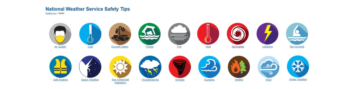 Image of a webpage with icons represnting different weather hazards such as hurricanes, extreme heat, etc.