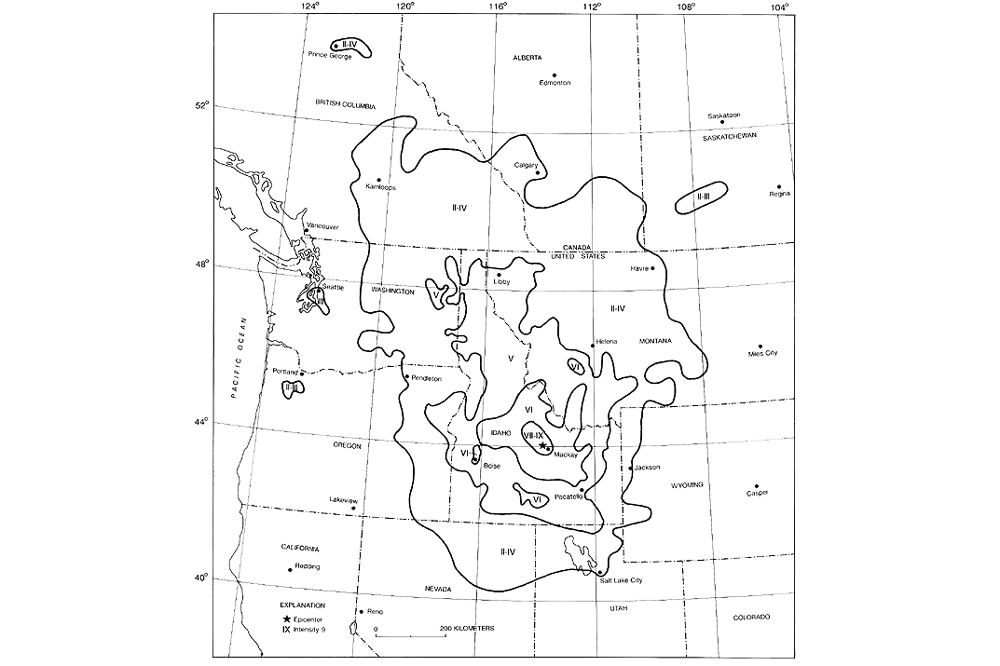 Map showing shaking intensity levels associated with the 1983 Borah Peak earthquake.
