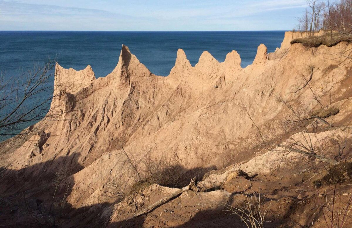 Photograph of pinnacles at Chimney Bluffs State Park in New York.