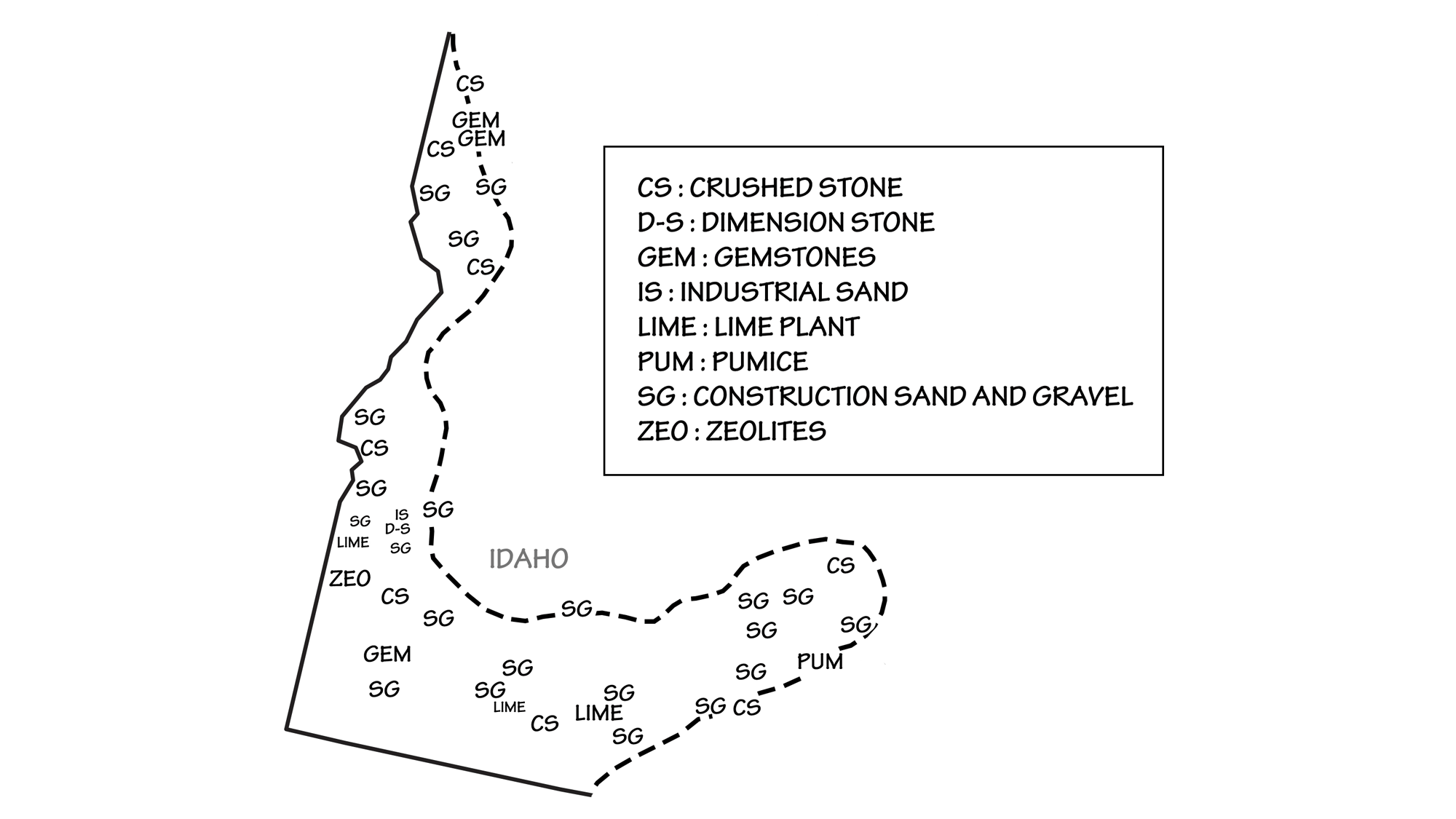 Simple map showing locations of mineral resources in the Columbia Plateau region of Idaho.