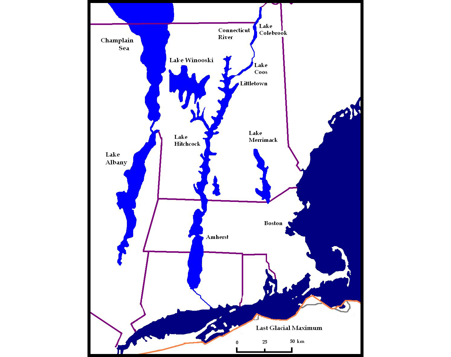 Map of eastern New York and New England showing state boundaries outlined in black. The map shows the extent of the ice sheet at the last glacial maximum using an orange line; the line extends across Long Island to south of Cape Cod. Glacial lakes are shown. These include Lake Albany in eastern New York, Lake Winooski in north-central Vermont, Lake Hitchcock extending from the Vermont-New Hampshire border to north-central Connecticut, and Lake Merrimack in southeastern New Hampshire. The southern arm of the Champlain Sea extends down the New York-Vermont border from the north.
