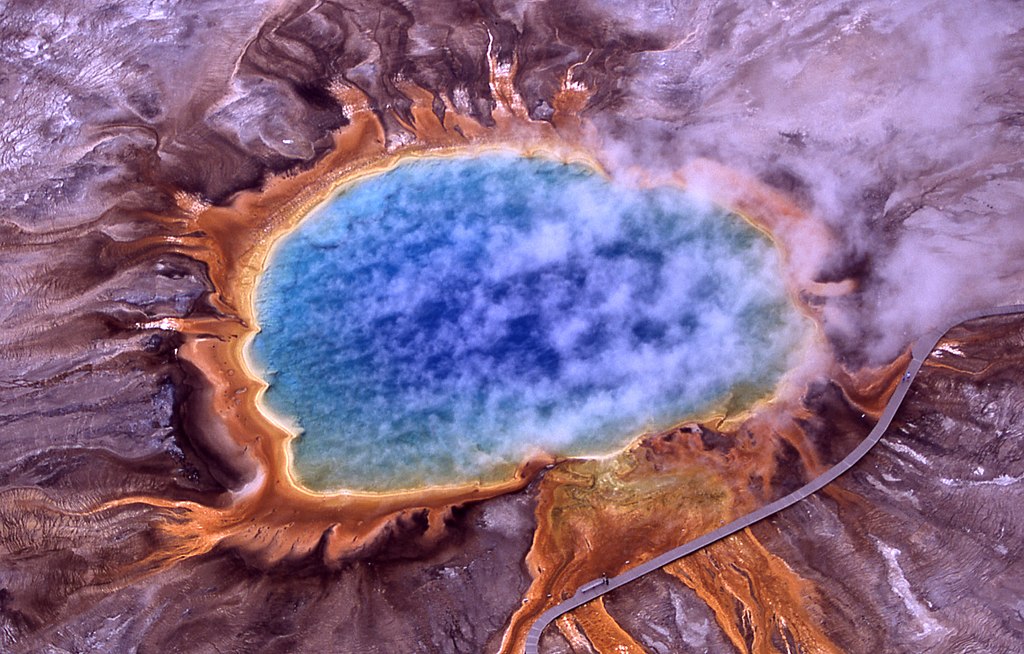 Aerial photograph of the Grand Prismatic Spring in Yellowstone National Park.