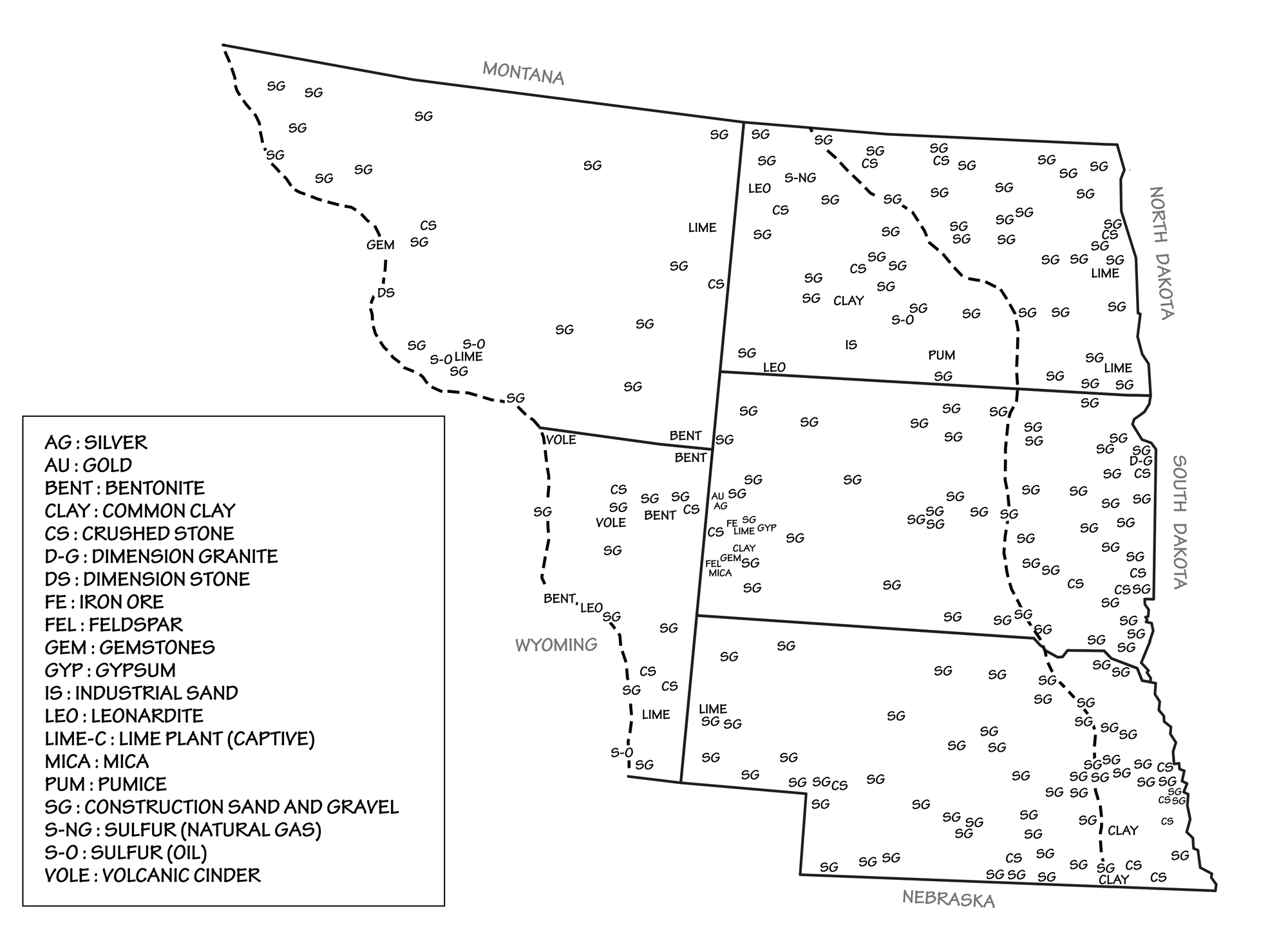 Map showing the distribution of mineral resources in the Central Lowland and Great Plains regions of the northwest central United States.