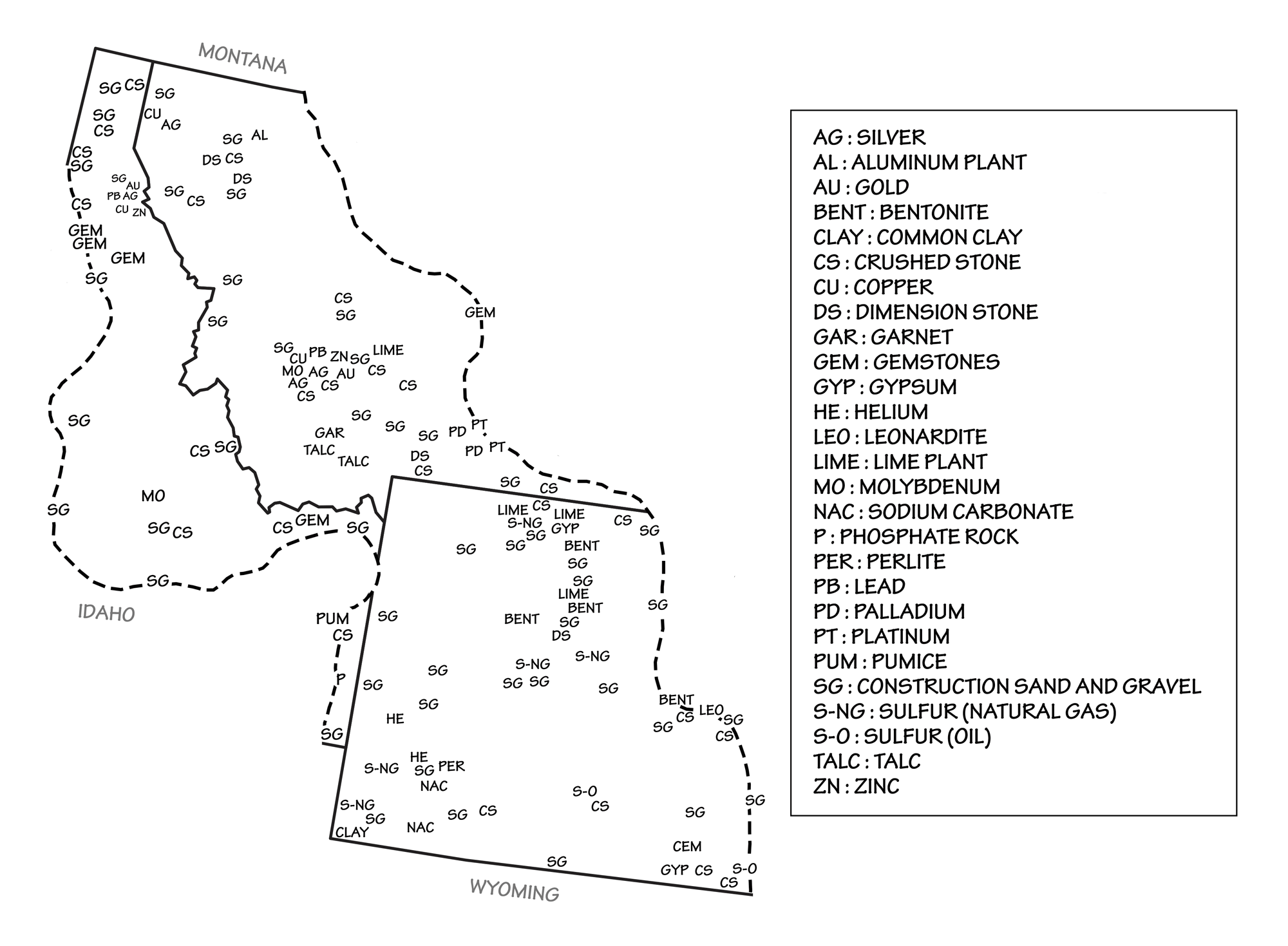 Map showing locations of different types of mineral resources in the Rocky Mountains region of the northwest central United States.