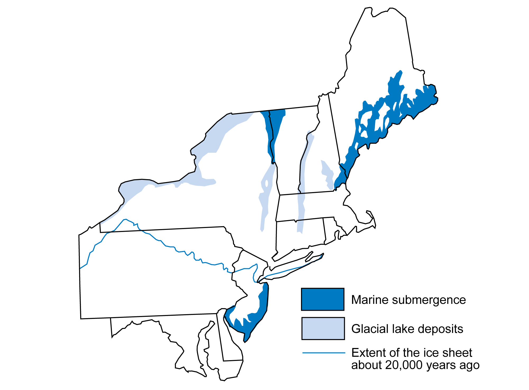 Map of the northeastern United States 12,000 years ago with state boundaries outlined in black. Glacial lake deposits are shaded light blue and occur across northern New York, in east-central New York, along the Vermont-New Hampshire border south into northern Connecticut, and in southeastern New Hampshire. Areas of marine submergence are shaded dark blue. These include the northeastern New York-northwestern Vermont border, the southern coast of New Jersey, and the southern part of Maine to southeastern New Hampshire. A blue line shows the maximum extent of the ice sheet at the last glacial maximum 20,000 yers ago. It extends from northwestern Pennsylvania, north into southwestern New York, and southeast across Pennsylvania and across northern New Jersey and southern Long Island. 