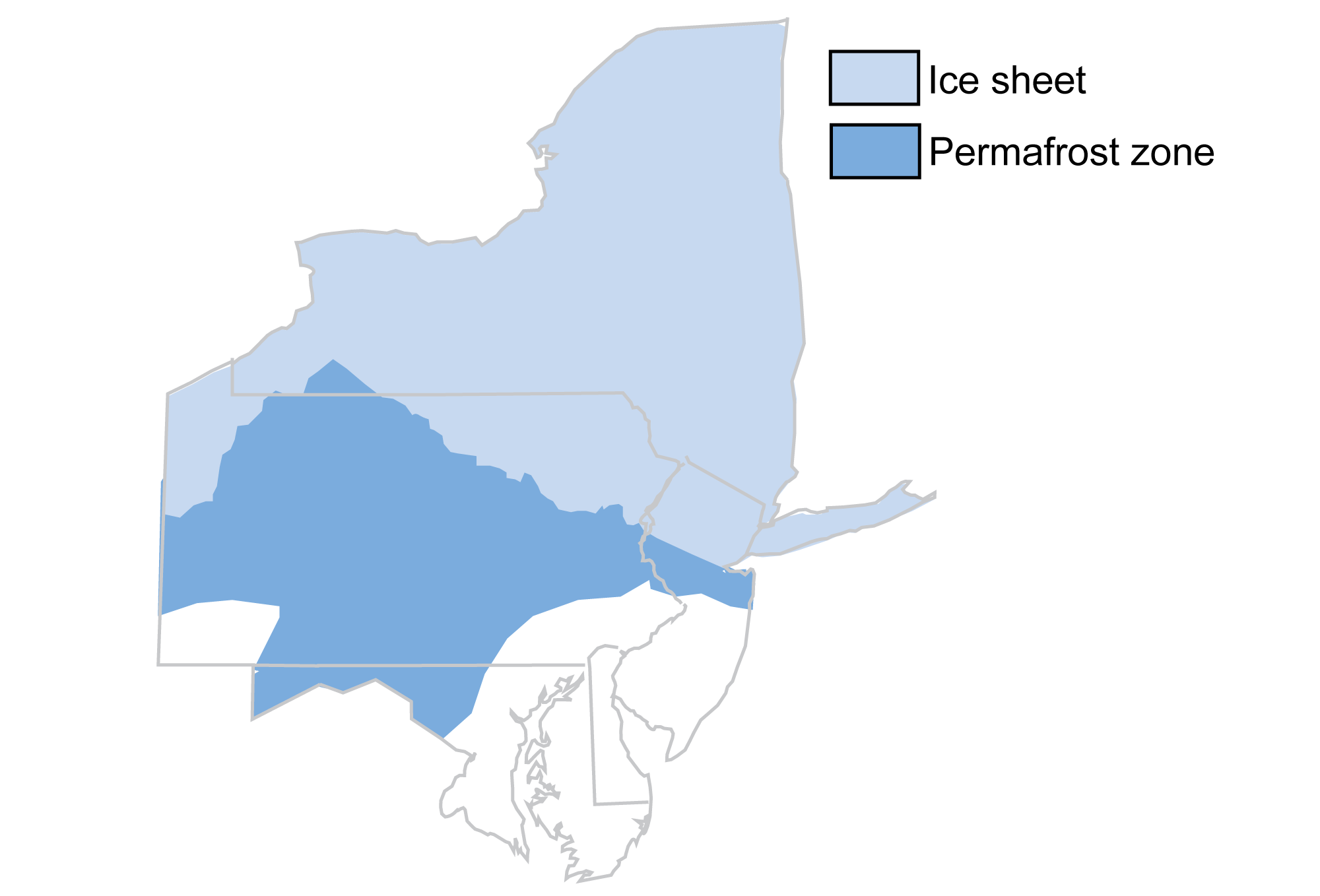 Map of the northeastern United States with state boundaries outlined in light gray; Maine is not included on the map. Light blue shading shows the maximum extent of the ice sheet at the last glacial maximum. It extended from northwestern Pennsylvania, north into southwestern New York, and southeast across Pennsylvania and across northern New Jersey and southern Long Island. The permafrost or periglacial zone is shaded medium blue. This zone covers much of the unglaciated region of Pennsylvania (except the southwest and southeast corners), western Maryland, and a strip across central New Jersey.