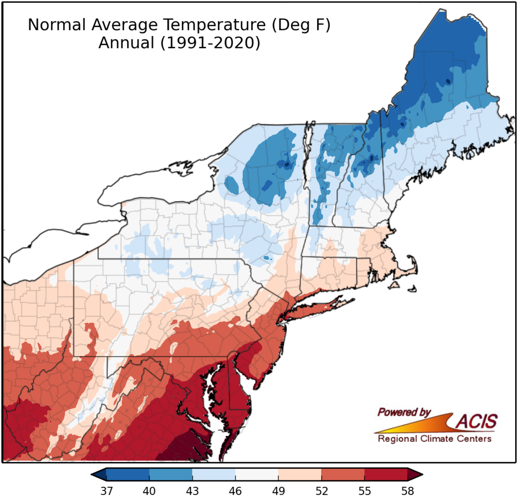 Map of Northeast U.S. annual average temperature for the thirty-year period of 1991-2020.