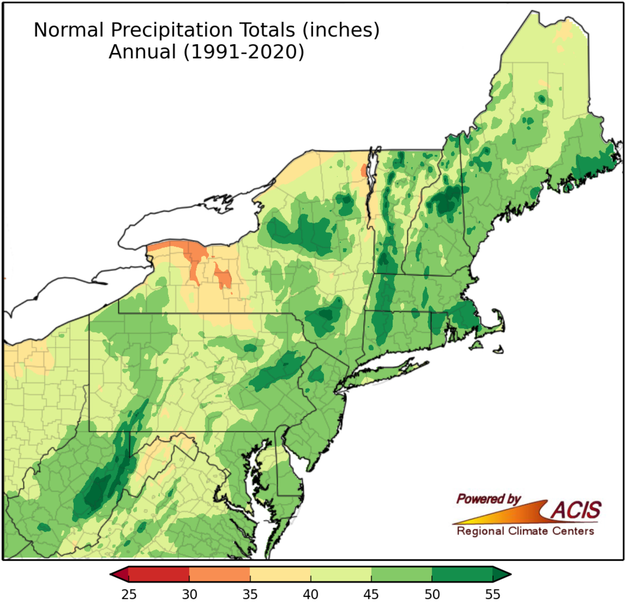 Map of Northeast U.S. average total annual precipitation for the thirty-year period of 1991-2020