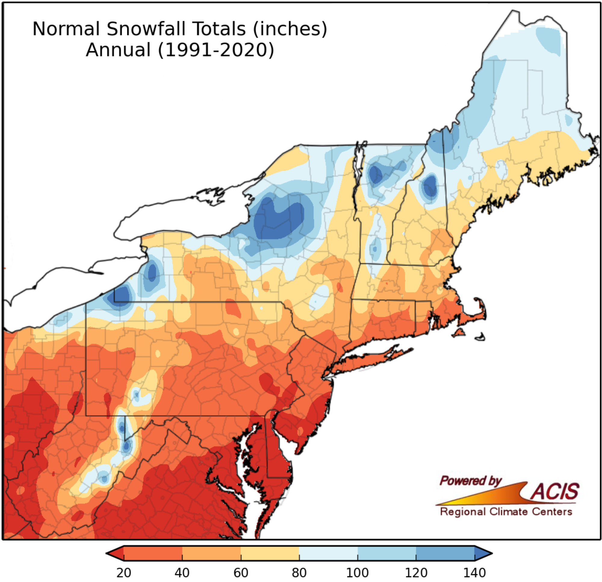 Map of Northeast U.S. total annual snowfall for the period 1991-2020