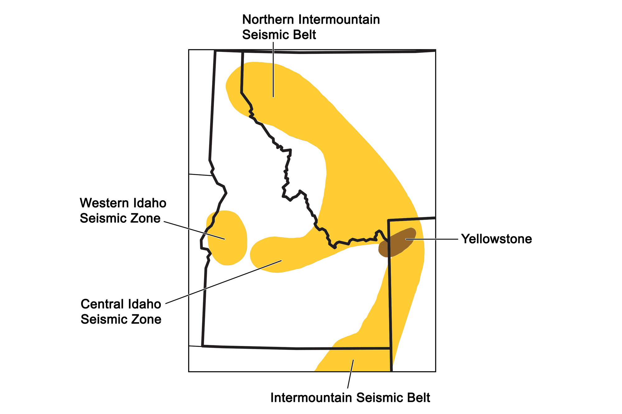 Simple map of Idaho showing the locations of its four major seismic belts.