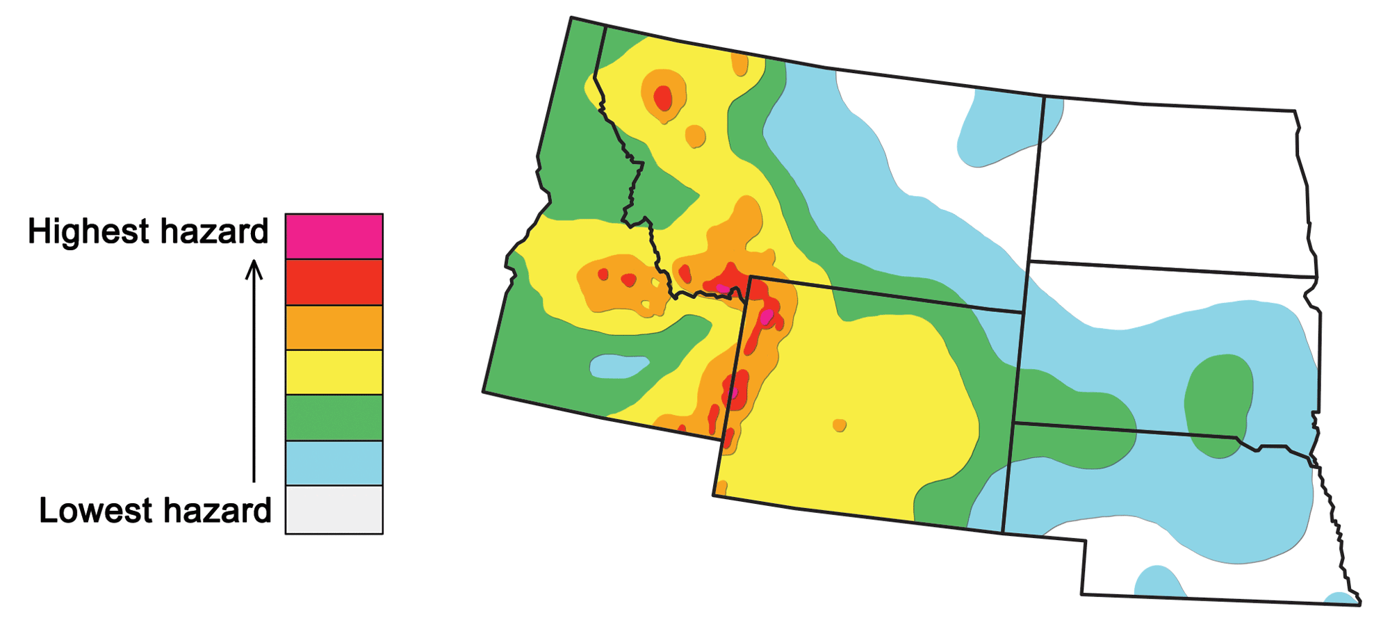 Map of the Northwest Central United States showing differences in seismic hazards across the region. The greatest hazards are in Idaho, western Montana, and western Wyoming.