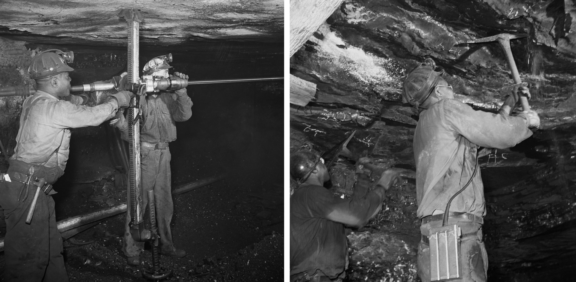 2-panel image showing black and white photographs of coal miners working in an underground mine in 1942. Panel 1: Two men operating a drill. The drill consists of a vertical beam running floor to ceiling in a mineshaft, with a long, horizontal bit extending toward the right side of the image. One man stands of the far side of the drill and one behind it on the near side. Both appear to be using their hands to operate or guide it. Panel 2: Two men using picks to remove rock from the ceiling of a mine shaft. Both men are wearing long-sleeved shirts, pants, and hard hats with lamps on the front. 