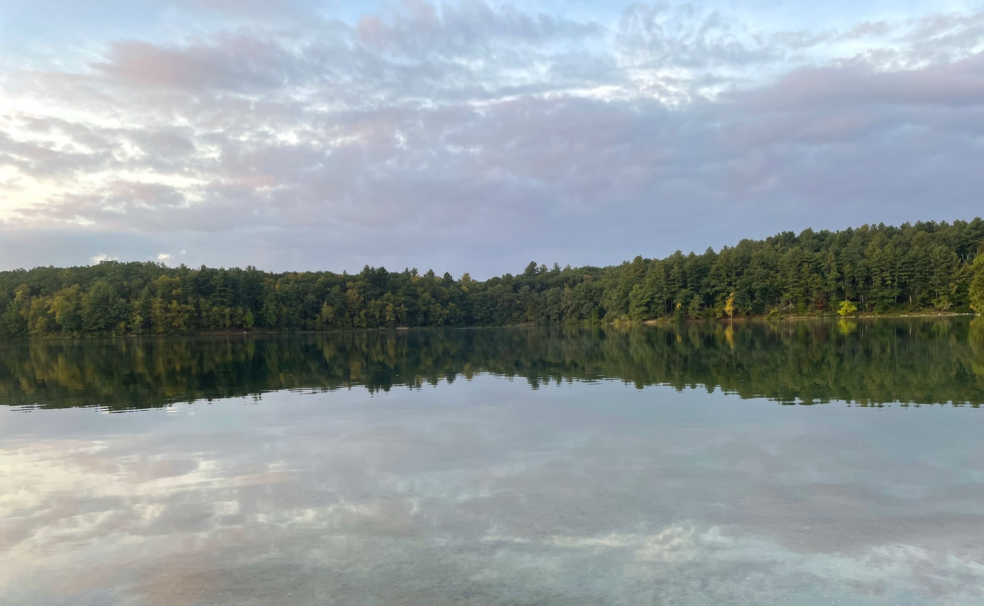 Photograph of Walden Pond, Massachusetts. The photograph shows placid water in the foreground, with a forest of green trees on the shoreline in the background. The trees are reflected in the water. Overhead, the sky is blue-gray with a think layer of clouds.