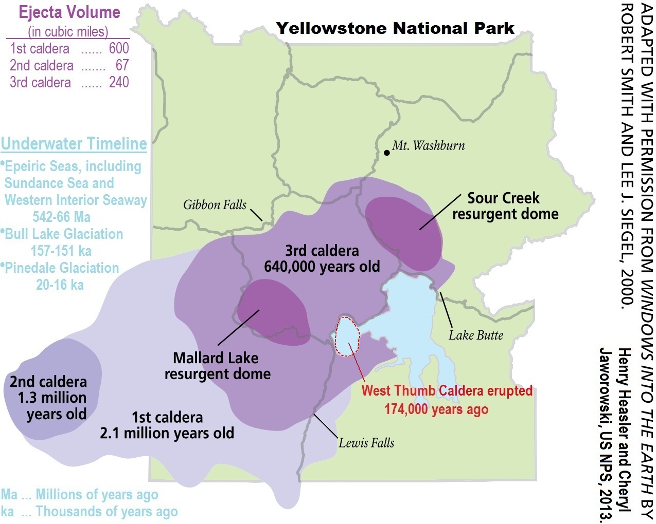 Map showing the shifting extent of the Yellowstone caldera over time. 