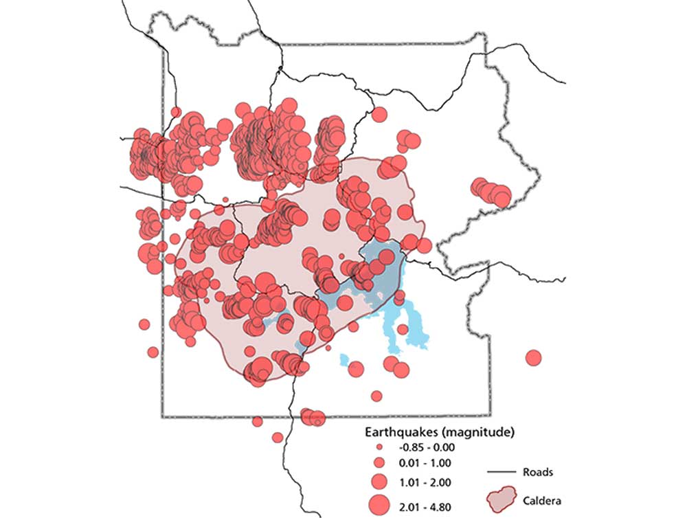 Map of Yellowstone National Park with red dots that indicate the epicenters of varied earthquakes during 2014.