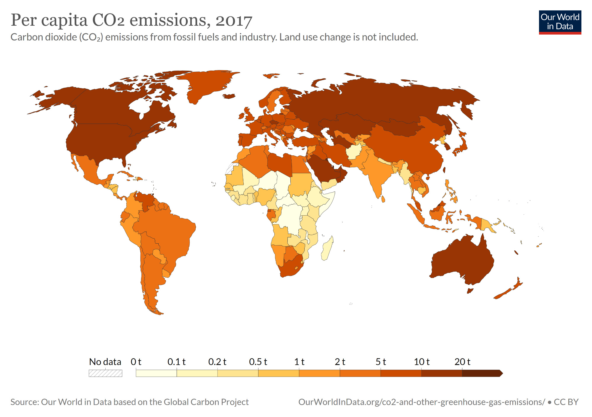 World map showing countries and their per capita CO2 emissions in 2017