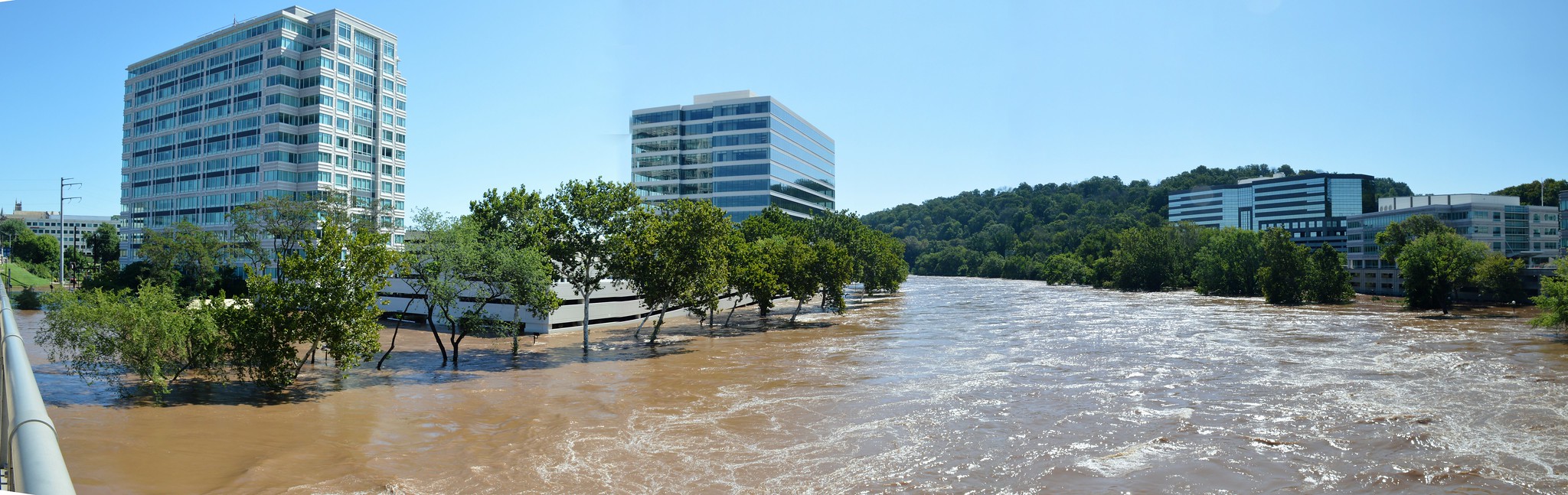 Photo of flooded area around office buildings.
