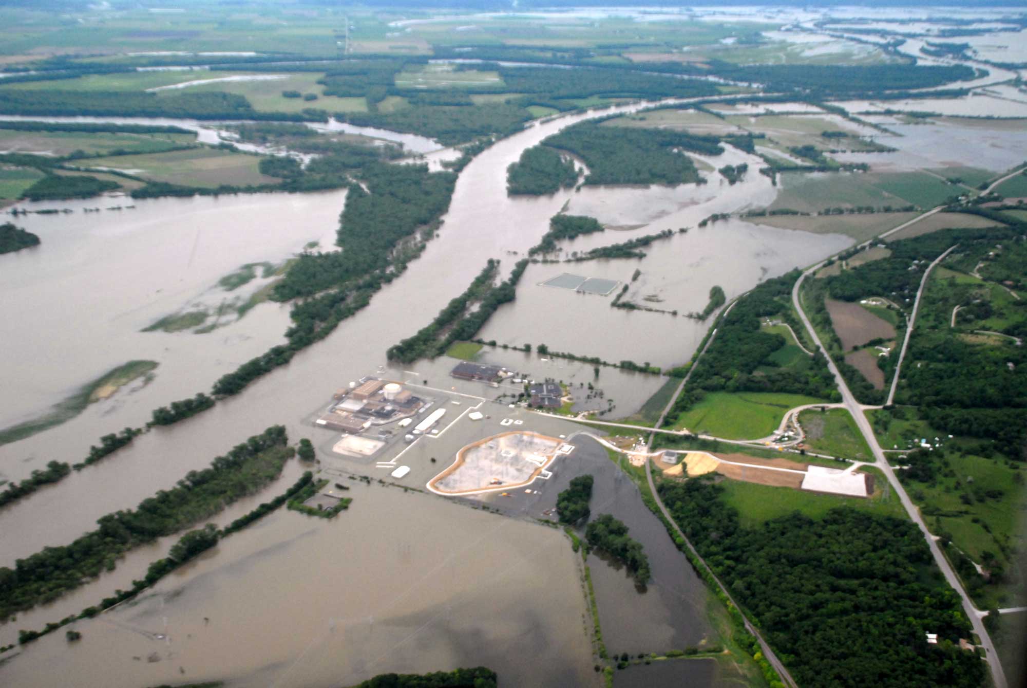 Photograph of the flooded Fort Calhoun Nuclear Reactor in Nebraska following the 2011 Missouri River Flood.